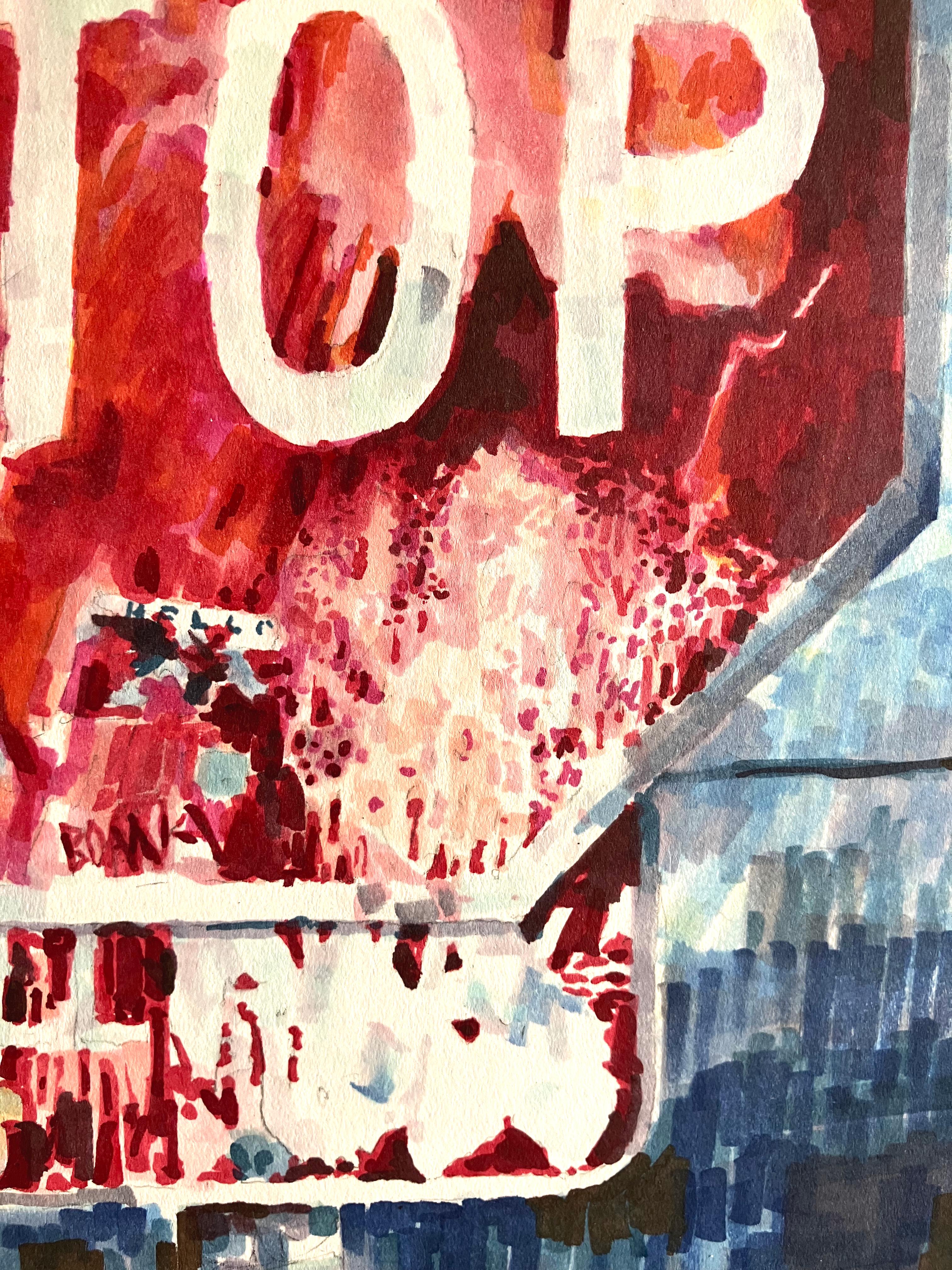 STOP : peinture abstraite d'une plaque de rue urbaine avec graffiti en rouge, bleu, gris - Painting de Mat Tomezsko
