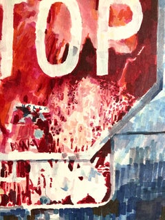 STOP: abstract painting of urban city street sign w/ graffiti in red, blue, gray