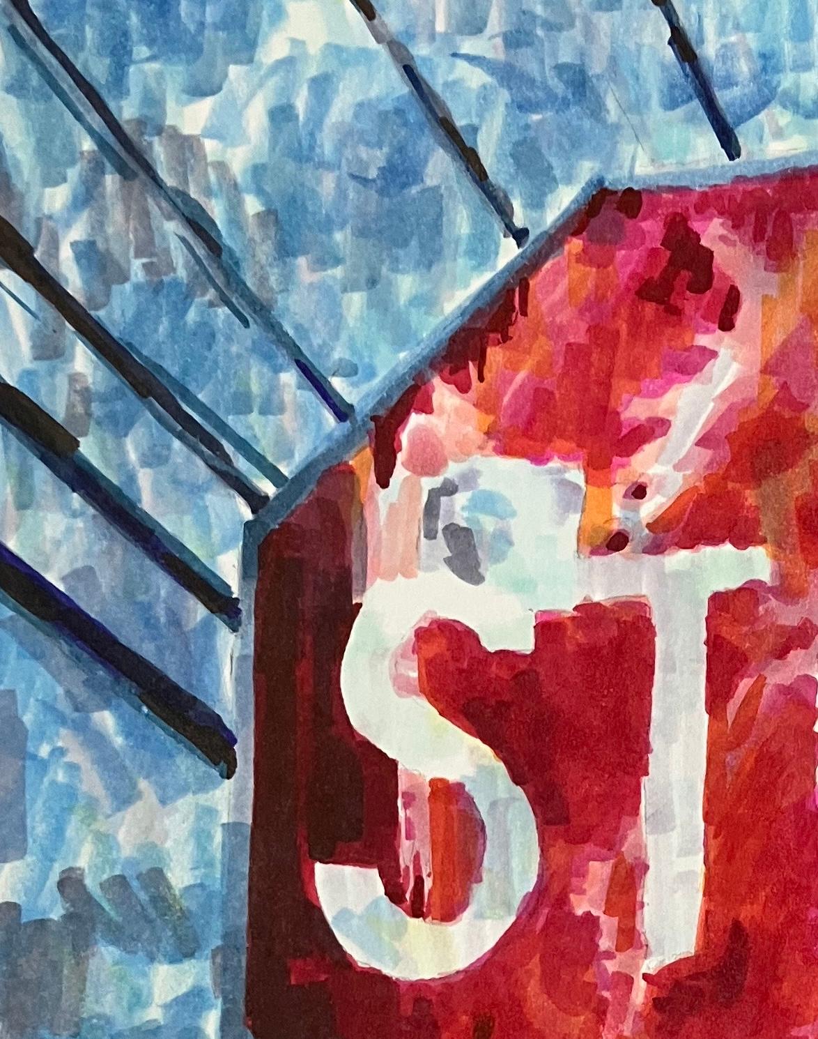 STOP : peinture abstraite d'une plaque de rue urbaine avec graffiti en rouge, bleu, gris - Gris Figurative Painting par Mat Tomezsko