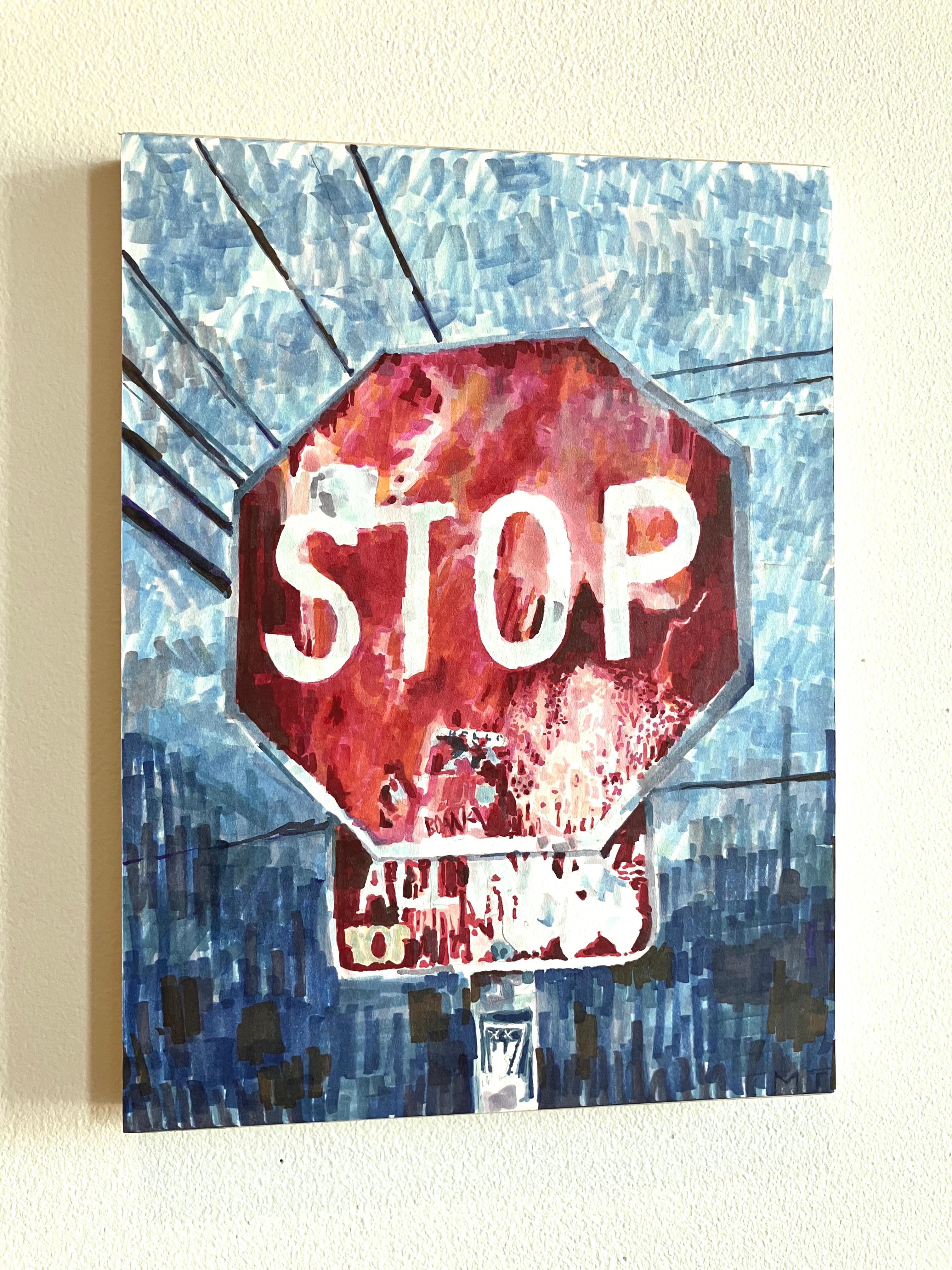 STOP : peinture abstraite d'une plaque de rue urbaine avec graffiti en rouge, bleu, gris en vente 1