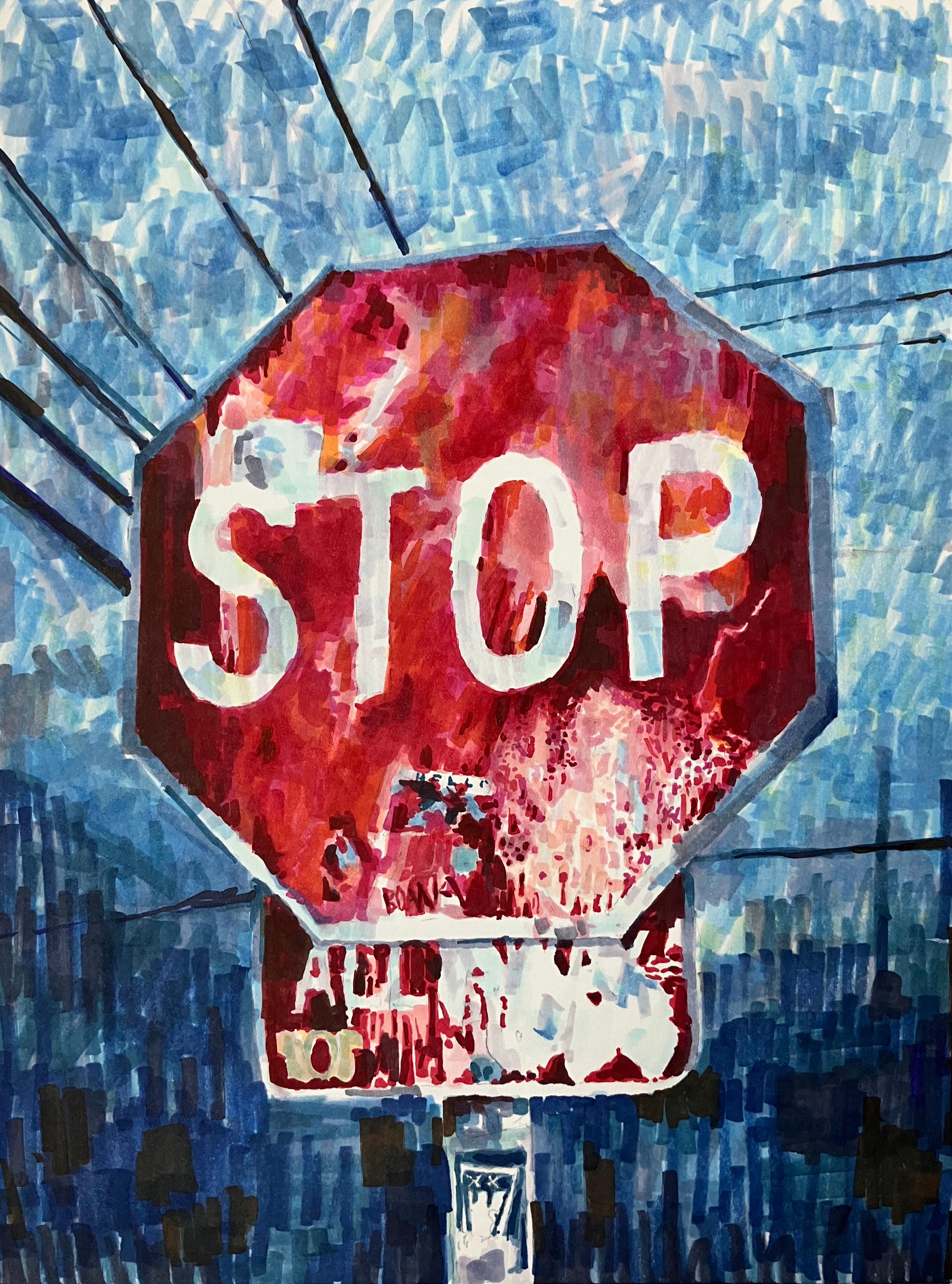 STOP : peinture abstraite d'une plaque de rue urbaine avec graffiti en rouge, bleu, gris