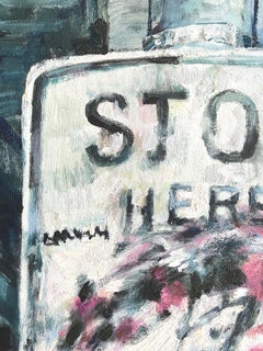 STOP HERE: dipinto astratto di un cartello stradale urbano con graffiti in rosso e blu