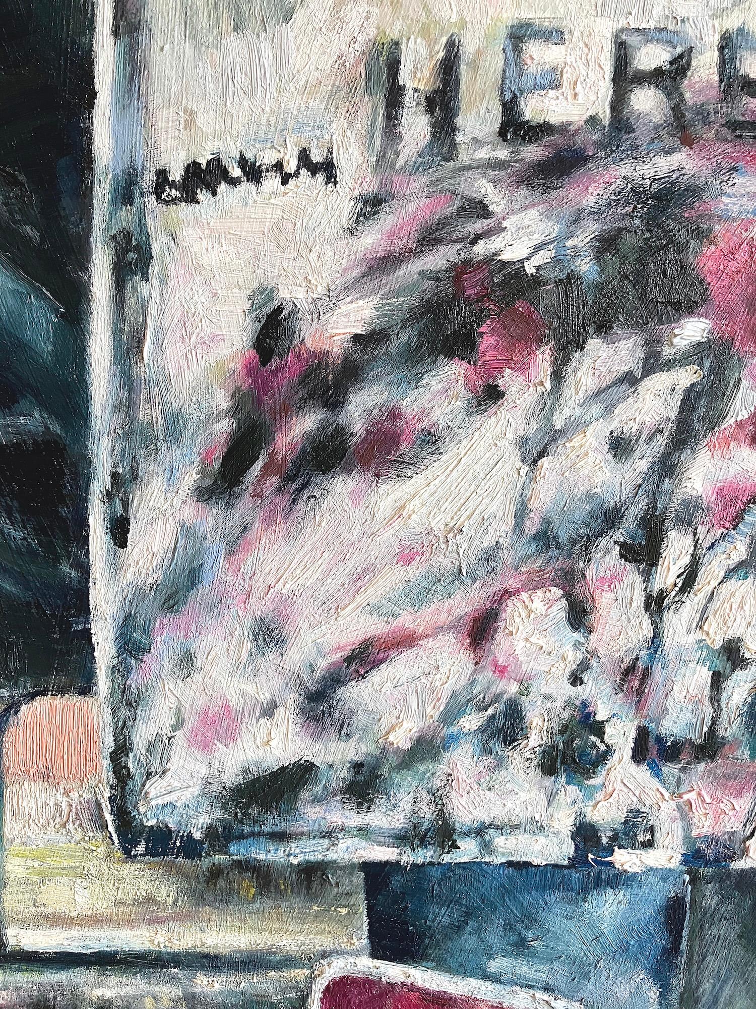 STOP HERE: abstract painting of urban city street sign w/ graffiti in red & blue - Abstract Painting by Mat Tomezsko