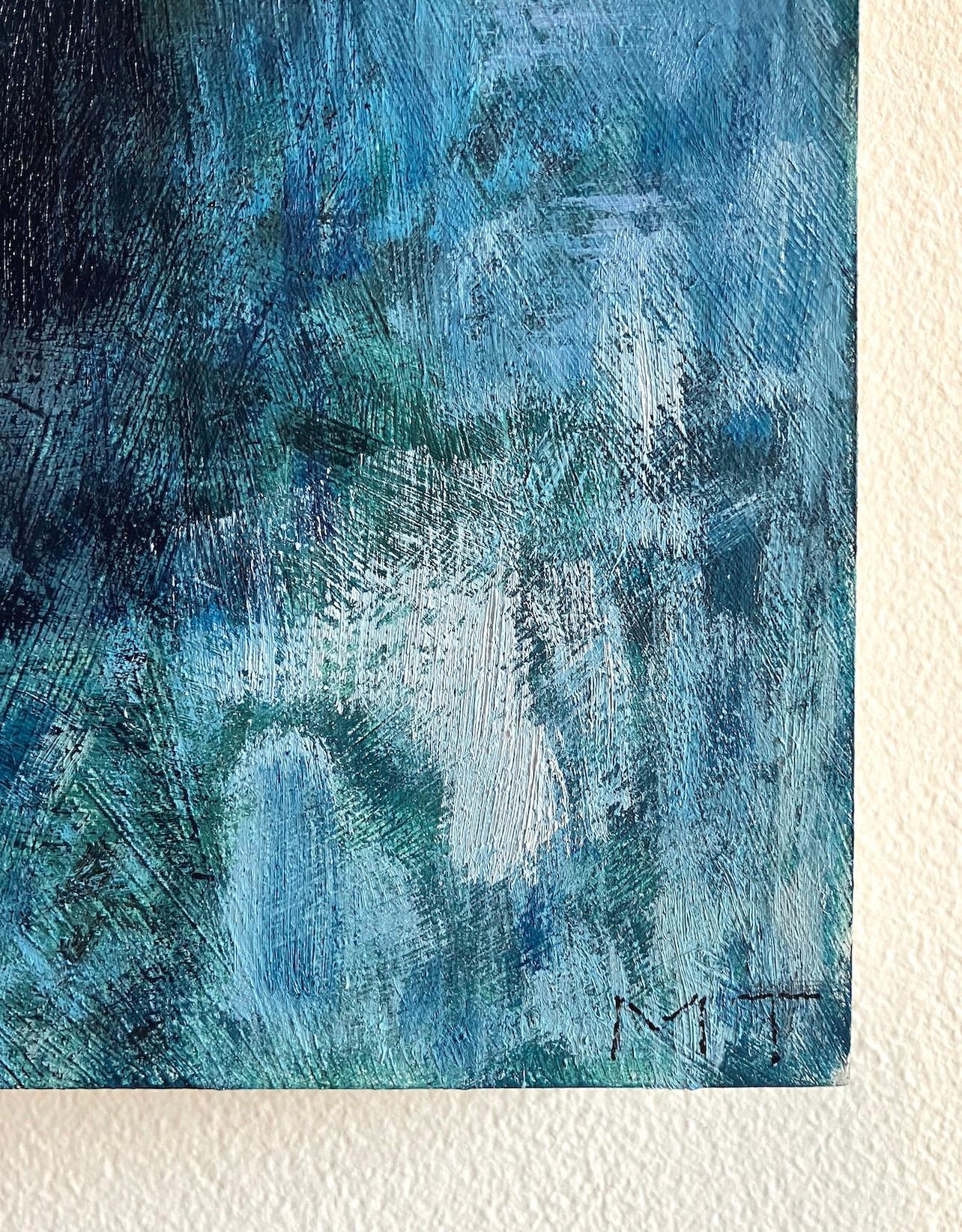 STOP HERE: abstract painting of urban city street sign w/ graffiti in red & blue - Gray Figurative Painting by Mat Tomezsko