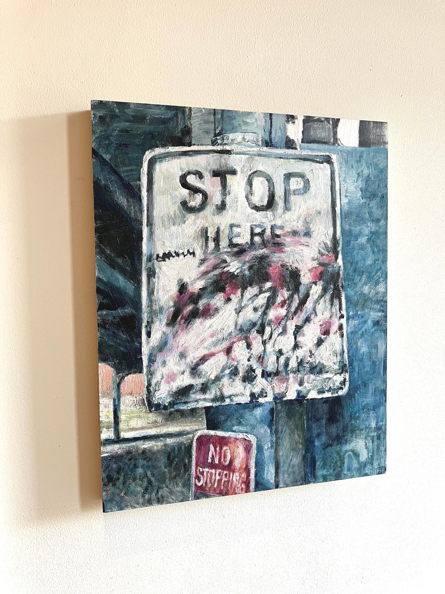 This is an original oil painting panel by artist Mat Tomezsko depicting an abstracted urban city street sign with graffiti. Tomezsko's paintings were made in reaction to direct experiences and observations while he was working as a community artist