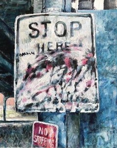 STOP HERE : peinture abstraite d'un panneau de signalisation urbaine avec graffiti en rouge et bleu