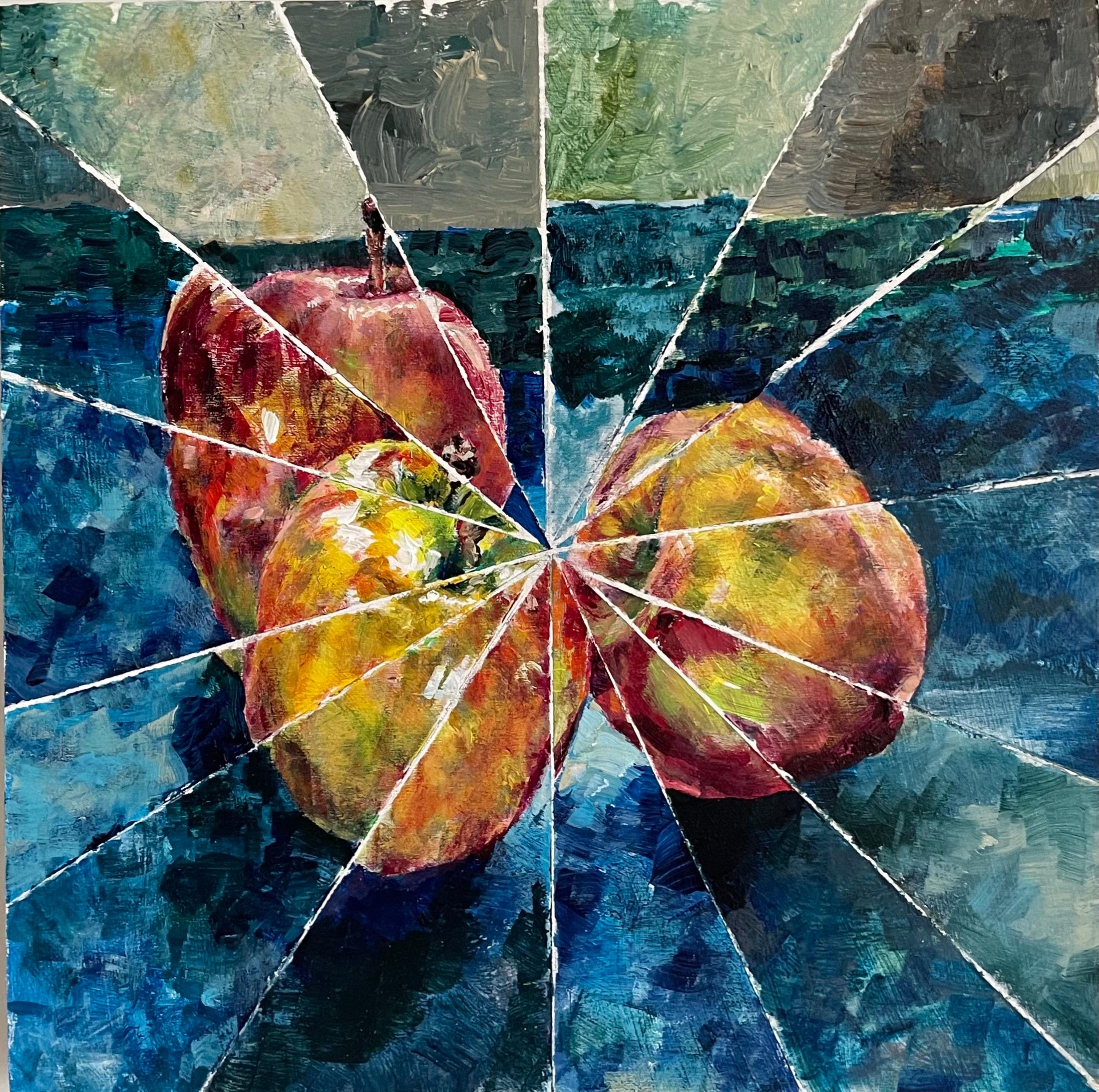 Three Apples: abstract still life interior painting of red/green apples on blue