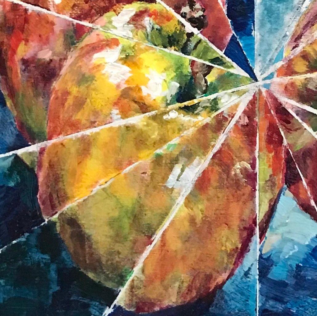 Three Apples: abstract still life interior painting of red/green apples on blue - Painting by Mat Tomezsko