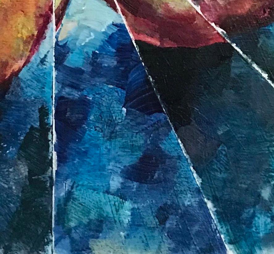 Three Apples : nature morte abstraite d'intérieur de pommes rouges/verts sur bleu - Abstrait Painting par Mat Tomezsko