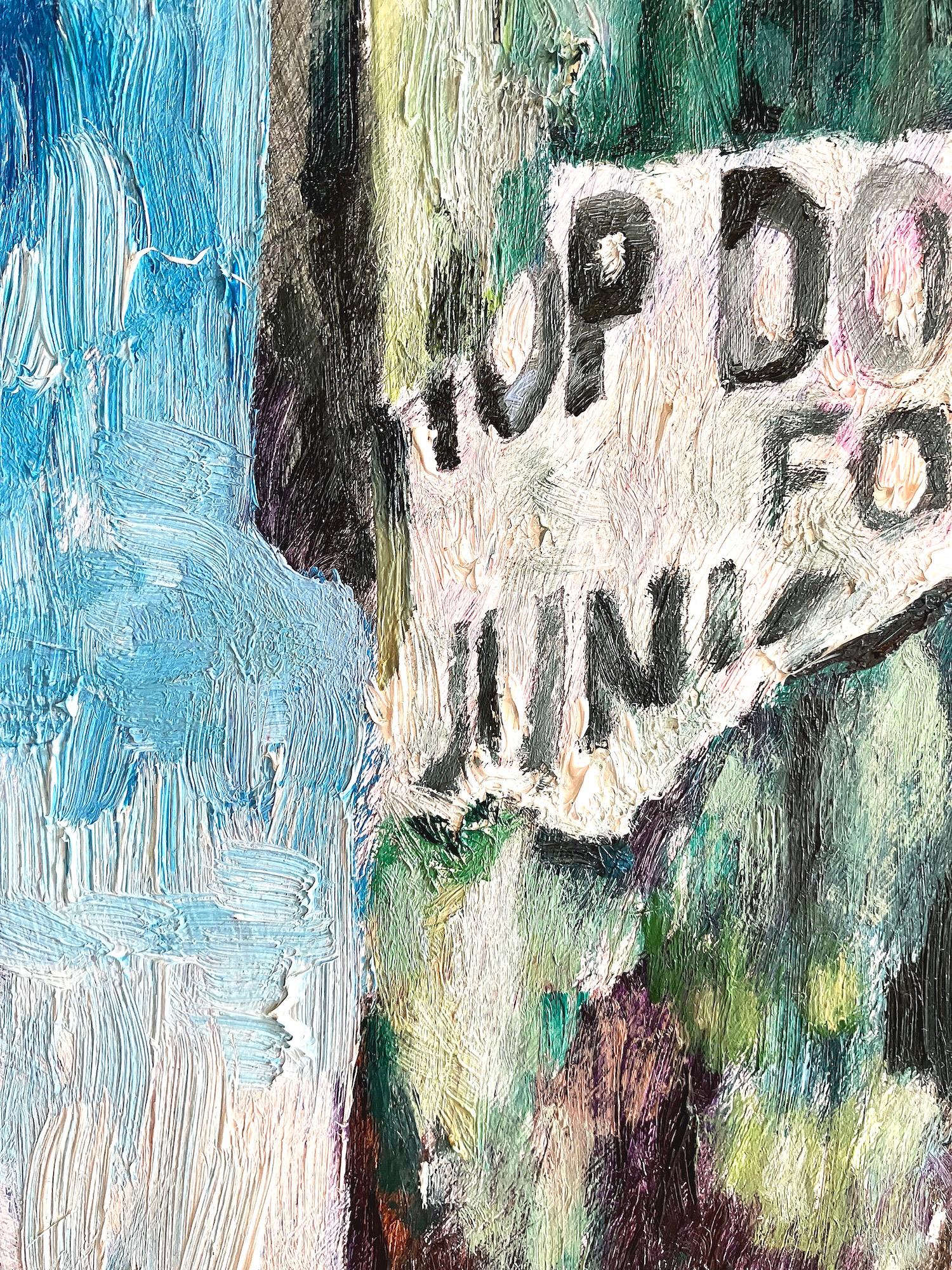 TOP DOLLAR: abstraktes Gemälde, städtisches Straßenschild mit Graffiti in grün, blau – Painting von Mat Tomezsko
