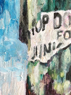 TOP DOLLAR: abstraktes Gemälde, städtisches Straßenschild mit Graffiti in grün, blau