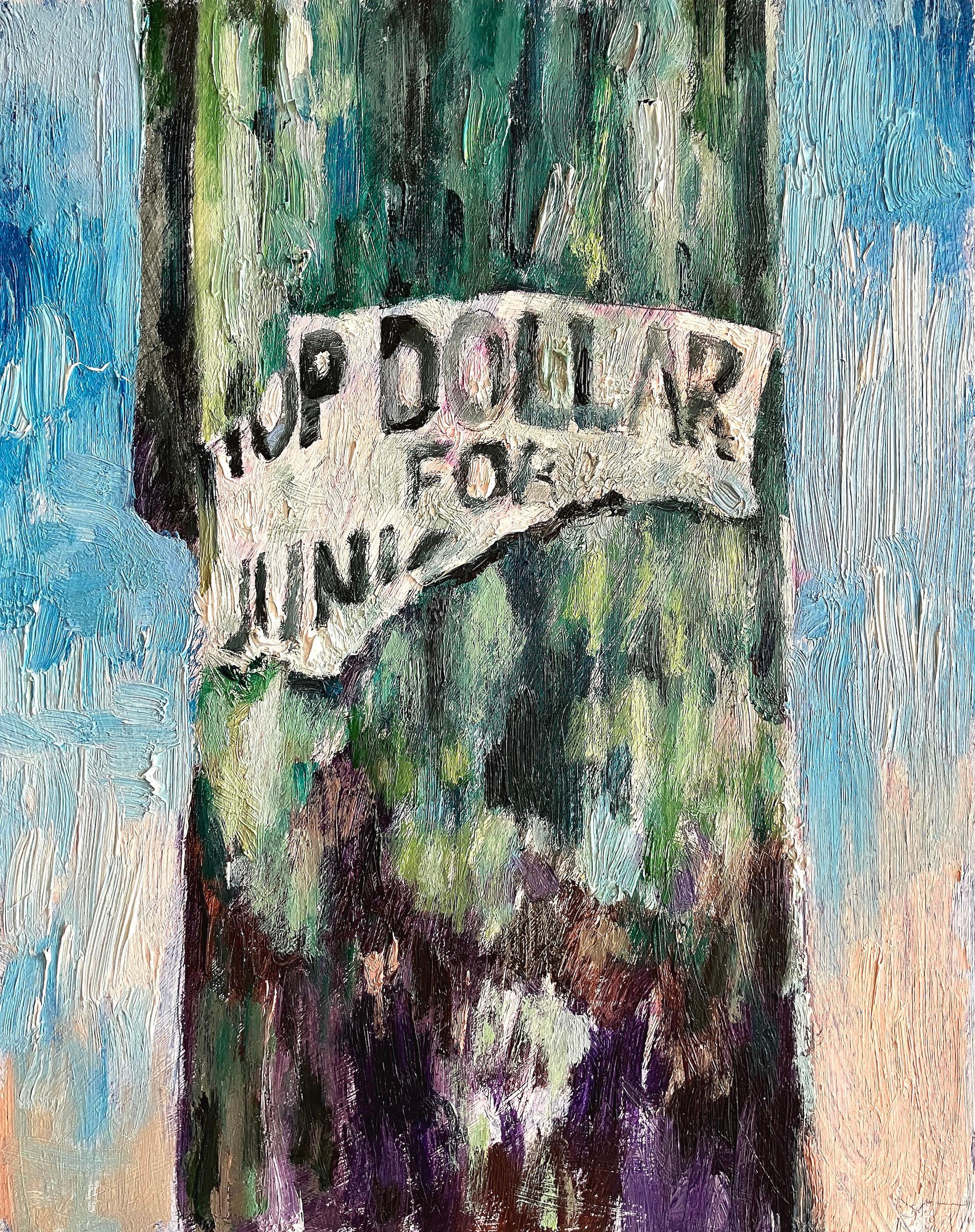 TOP DOLLAR: abstract painting, urban city street sign w/ graffiti in green, blue