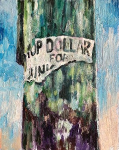 TOP DOLLAR: abstract painting, urban city street sign w/ graffiti in green, blue