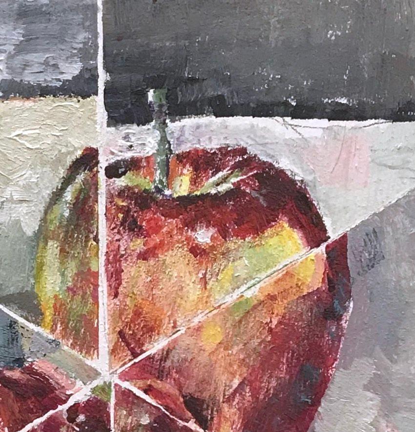 Zwei Äpfel: abstraktes Stillleben im Innenraum mit roten Äpfeln auf Rosa und Grau – Painting von Mat Tomezsko