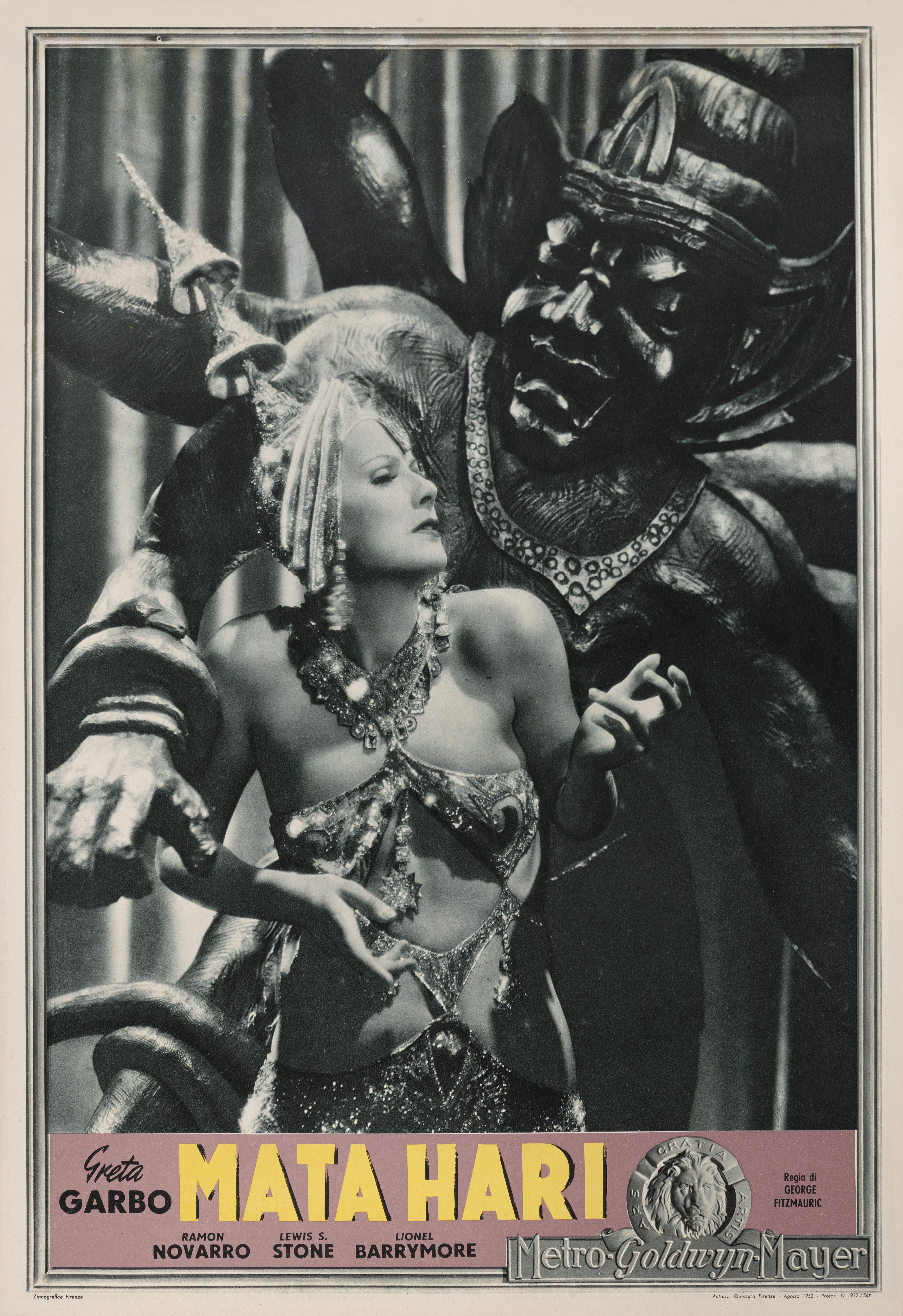 Original Italian film poster from the 1931 film that was broadly based on the life of Mata Hari, a Dutch exotic dancer and courtesan who was a German spy during World War I. Greta Garbo starred as the title role, alongside Ramon Novarro and Lionel