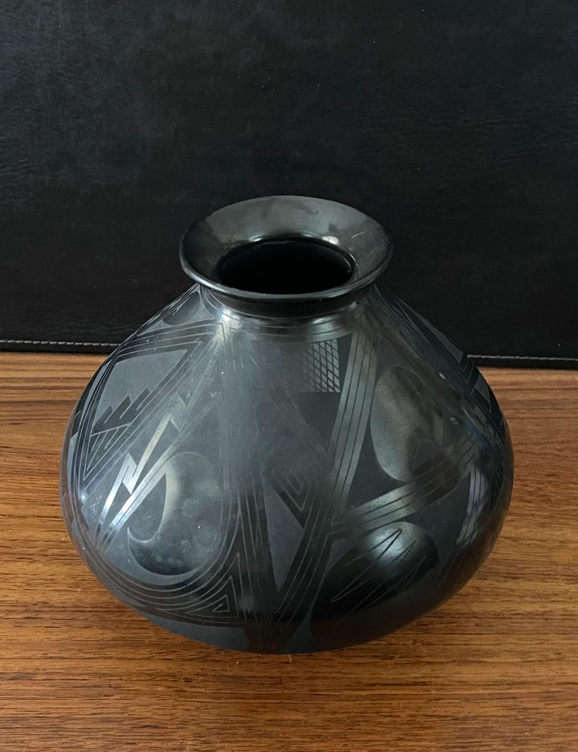 Mexican Mata Ortiz Geometric Blackware Vase by Octavio Andrew