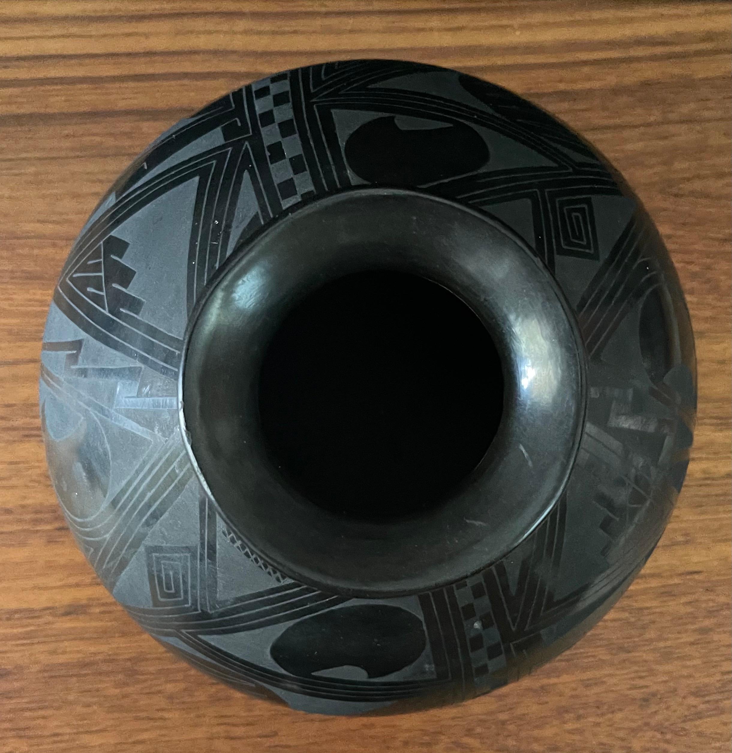 Contemporary Mata Ortiz Geometric Blackware Vase by Octavio Andrew