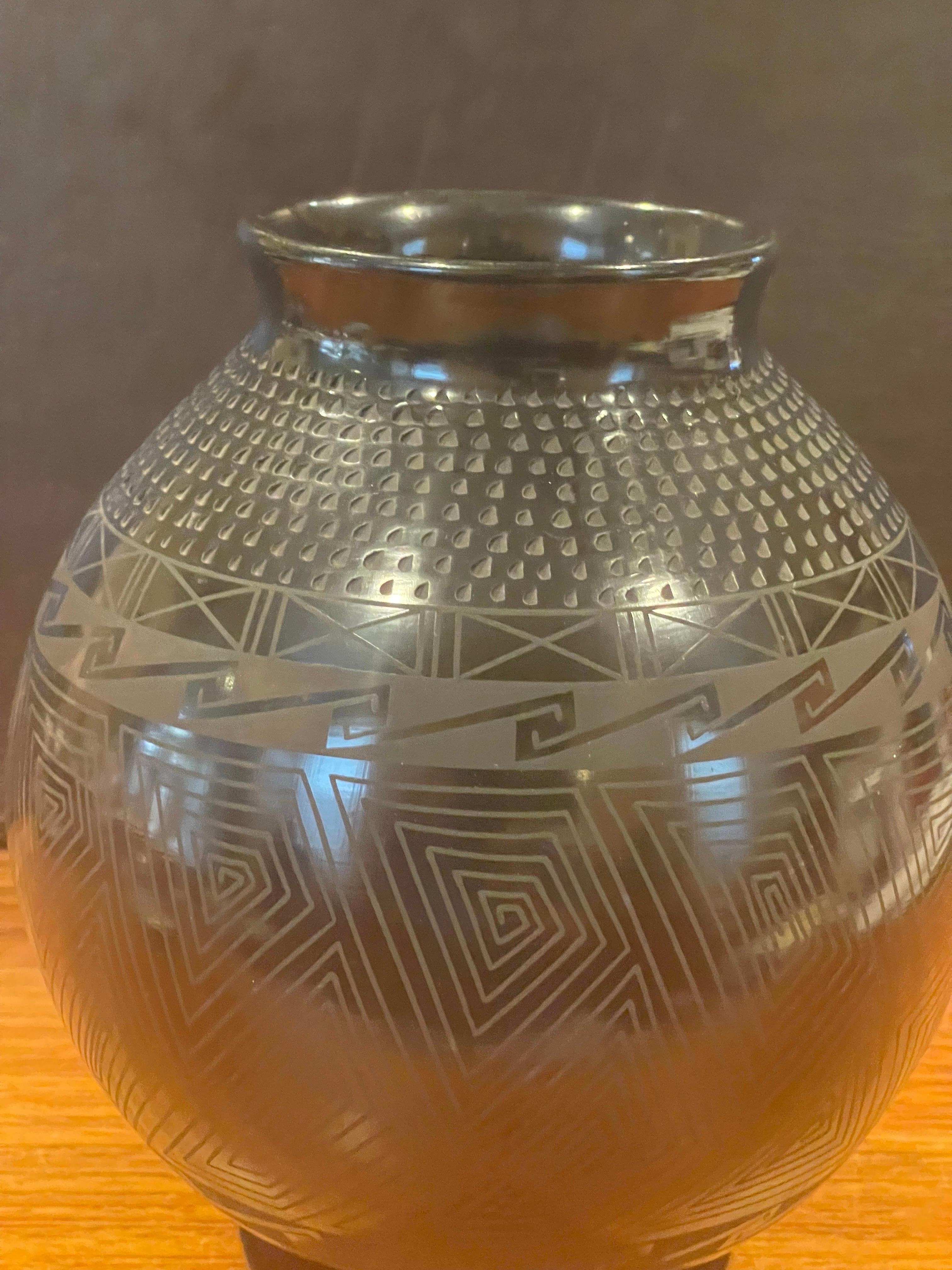 20th Century Mata Ortiz Geometric Blackware Vase by Tomasa Mora
