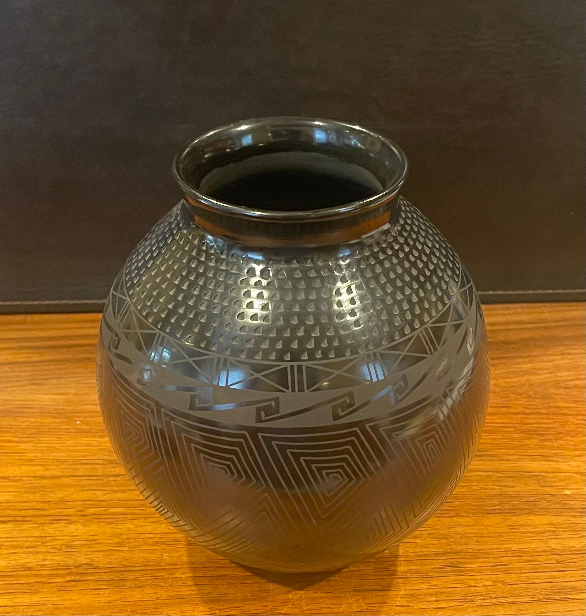 Pottery Mata Ortiz Geometric Blackware Vase by Tomasa Mora