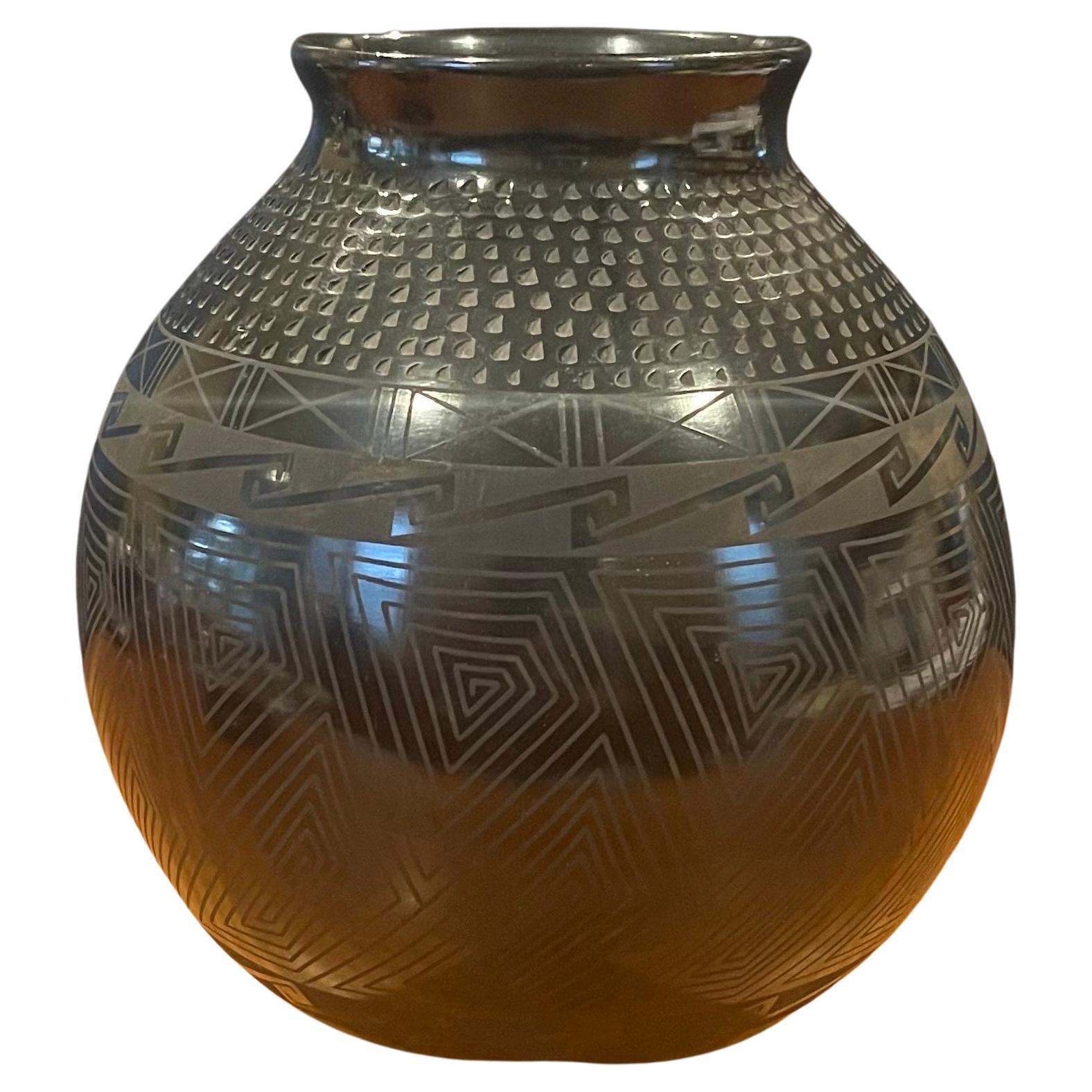 Mata Ortiz Geometric Blackware Vase by Tomasa Mora