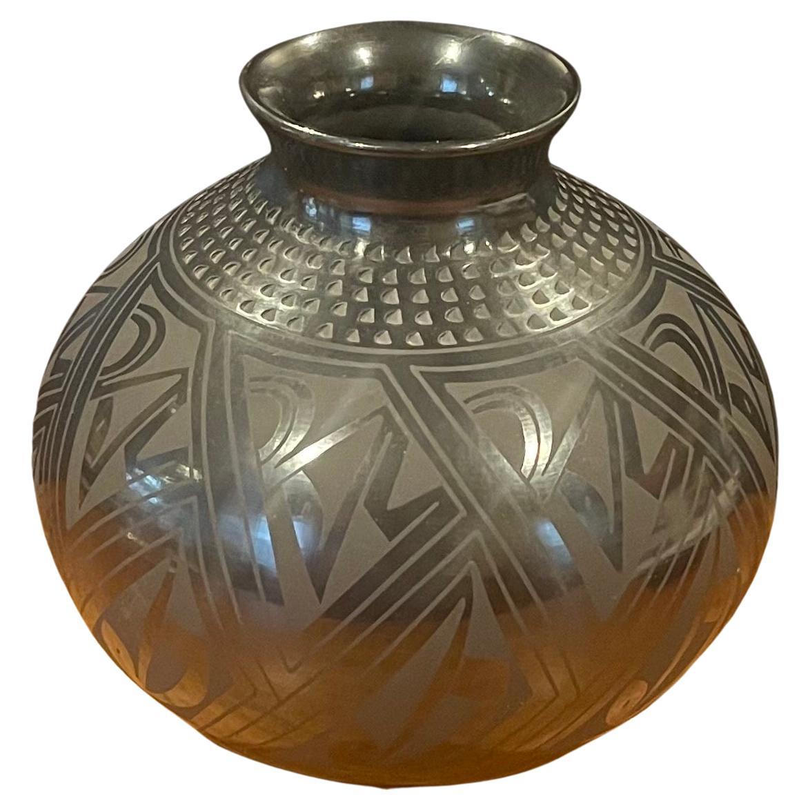 Mata Ortiz Geometric Blackware Vase by Tomasa Mora For Sale