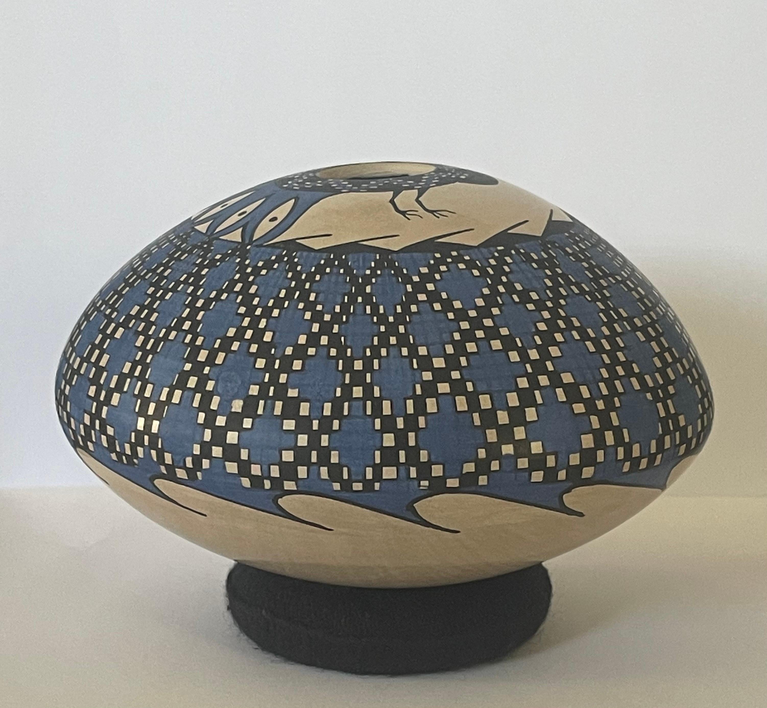 Polychromed Mata Ortiz Geometric Pottery Vase by Emila Villa For Sale