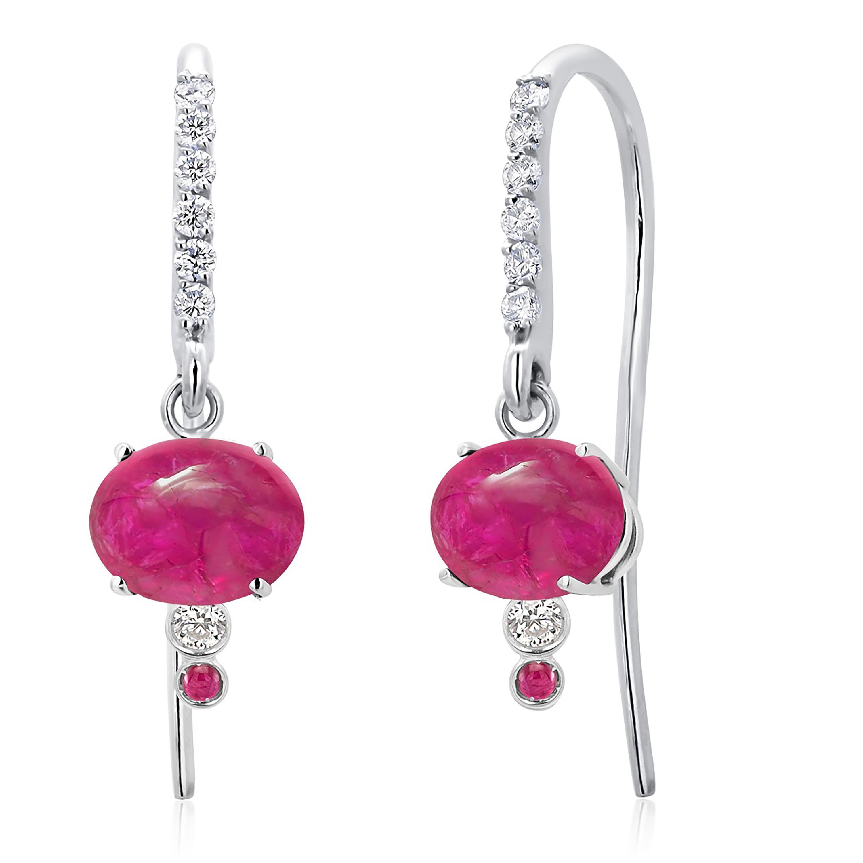 Match Cabochon Burma Ruby Diamond 3 Carat 1 Inch Shepherd White Gold Earrings In New Condition For Sale In New York, NY