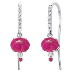 Match Cabochon Burma Ruby Diamond 3 Carat 1 Inch Shepherd White Gold Earrings