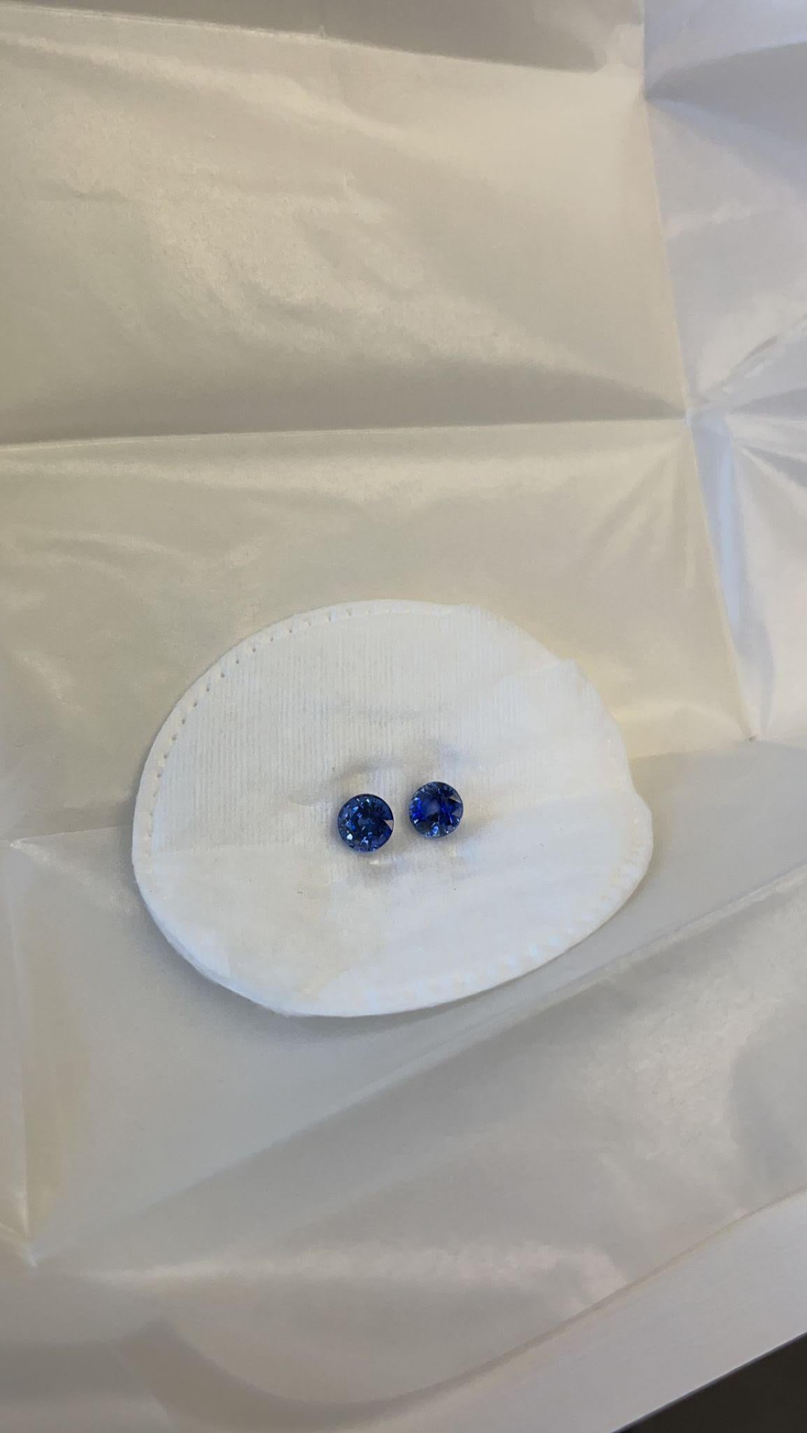 Match Pair of Ceylon Sapphires weighing 2.71 carats total
Measuring 6.4 mm
Cornflower Blue
This match pair is an extremely lively pair of sapphires