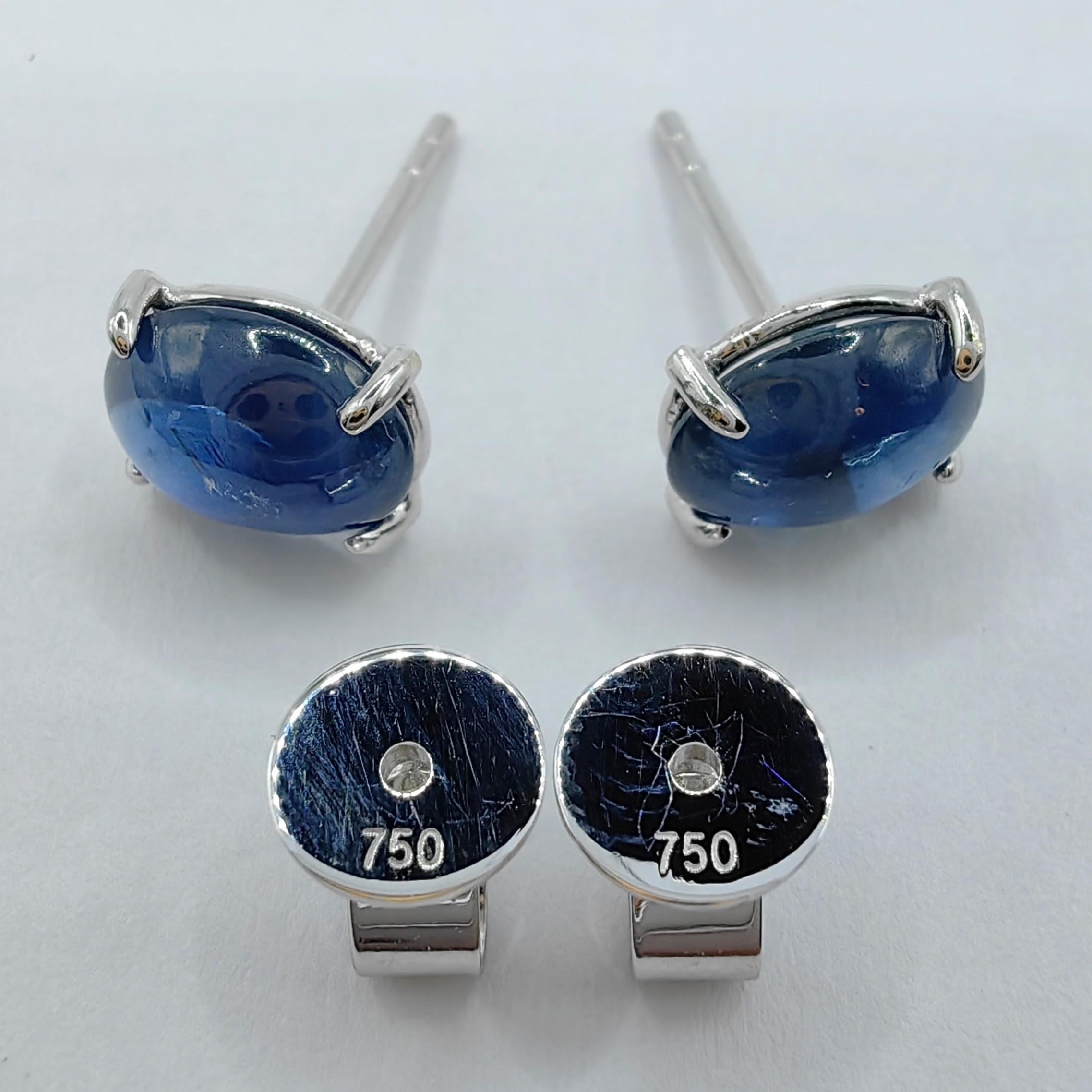 Contemporary Matched 2.95 Carat 8x6mm Cabochon Blue Sapphire Stud Earrings in 18K White Gold For Sale