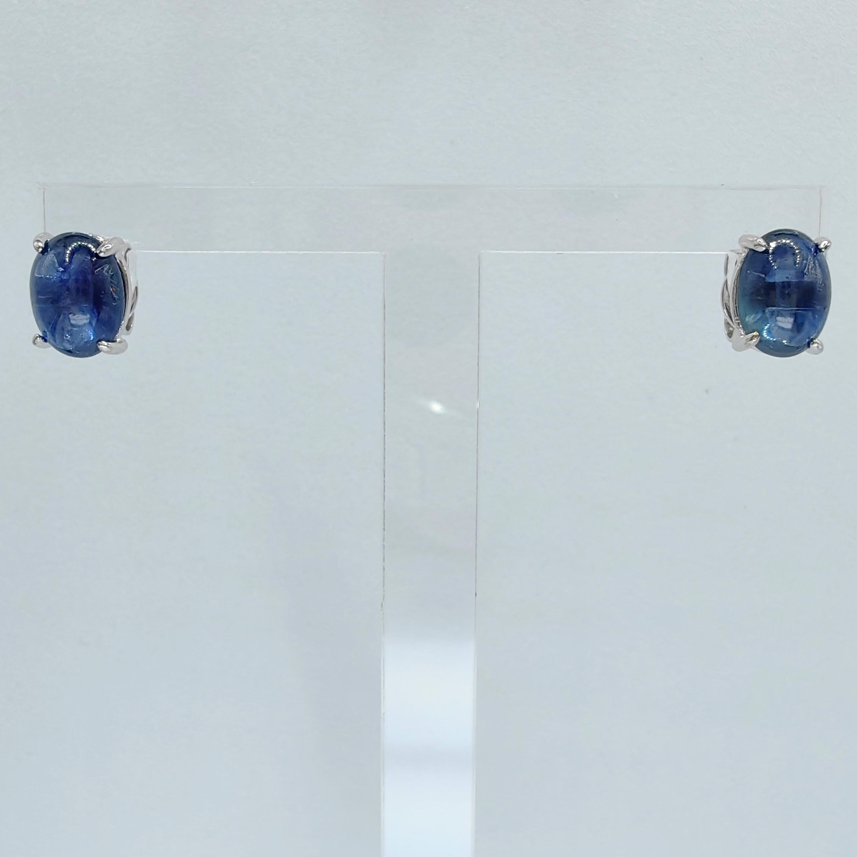 Matched 2.95 Carat 8x6mm Cabochon Blue Sapphire Stud Earrings in 18K White Gold In New Condition For Sale In Wan Chai District, HK