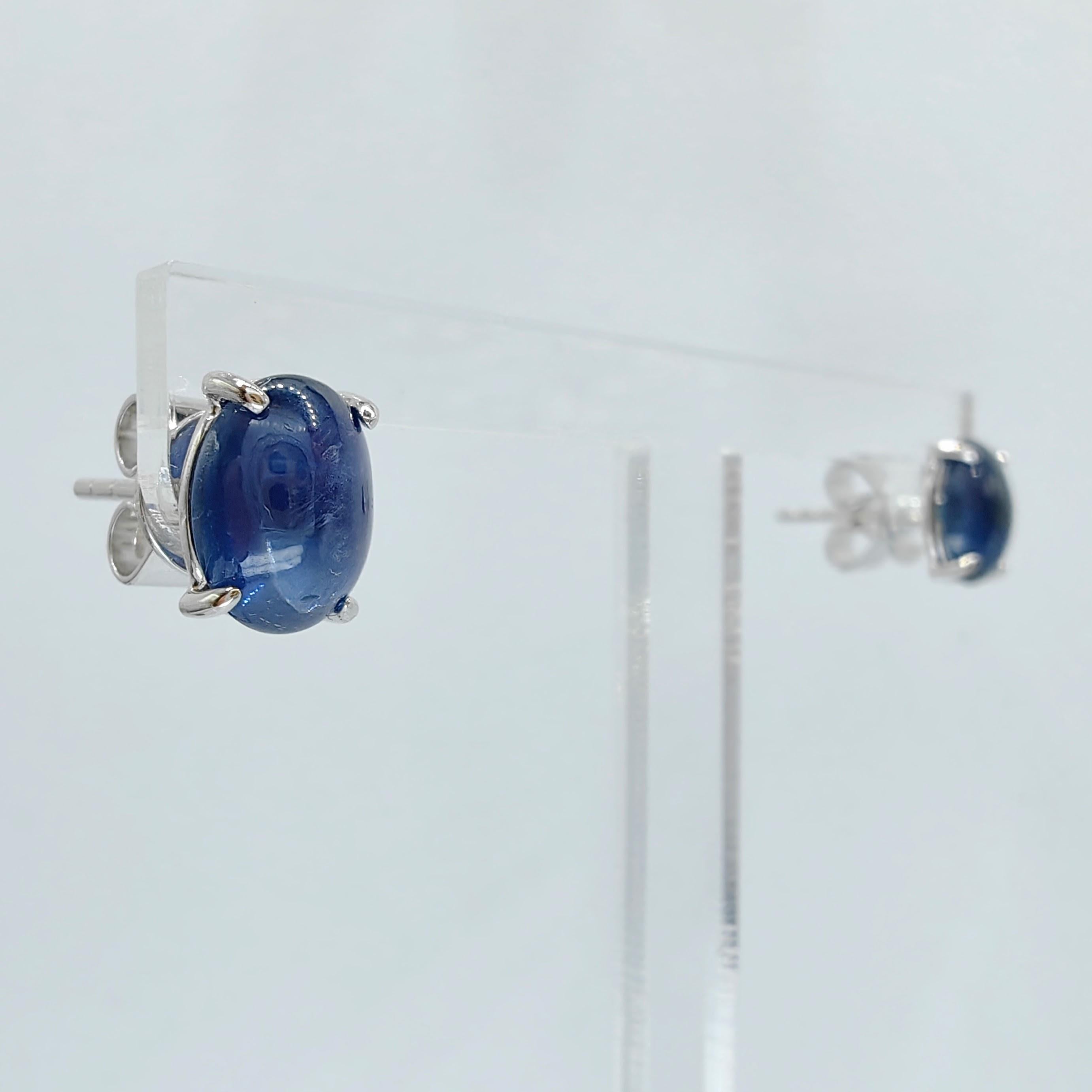 Matched 2.95 Carat 8x6mm Cabochon Blue Sapphire Stud Earrings in 18K White Gold For Sale 1