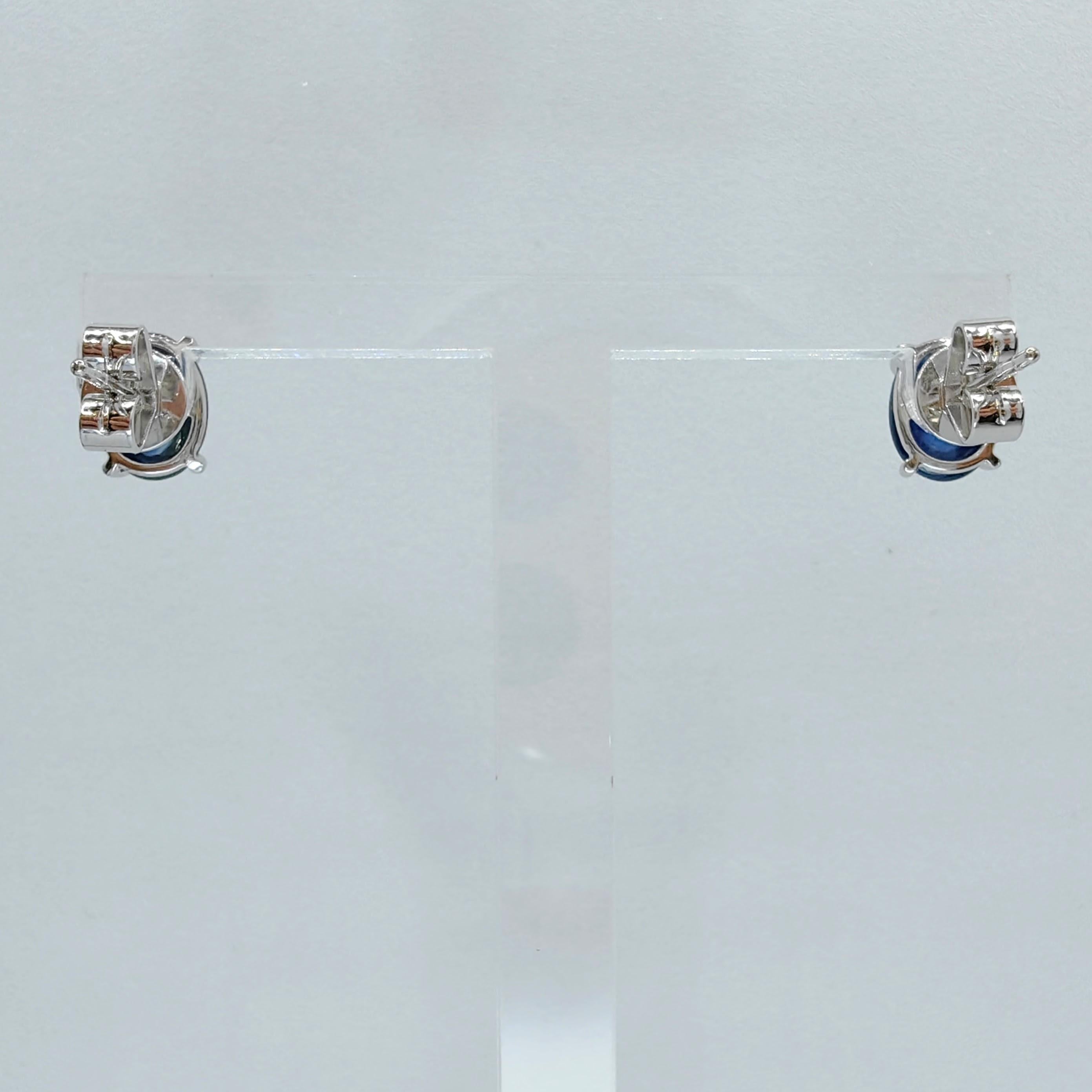 Matched 2.95 Carat 8x6mm Cabochon Blue Sapphire Stud Earrings in 18K White Gold For Sale 2