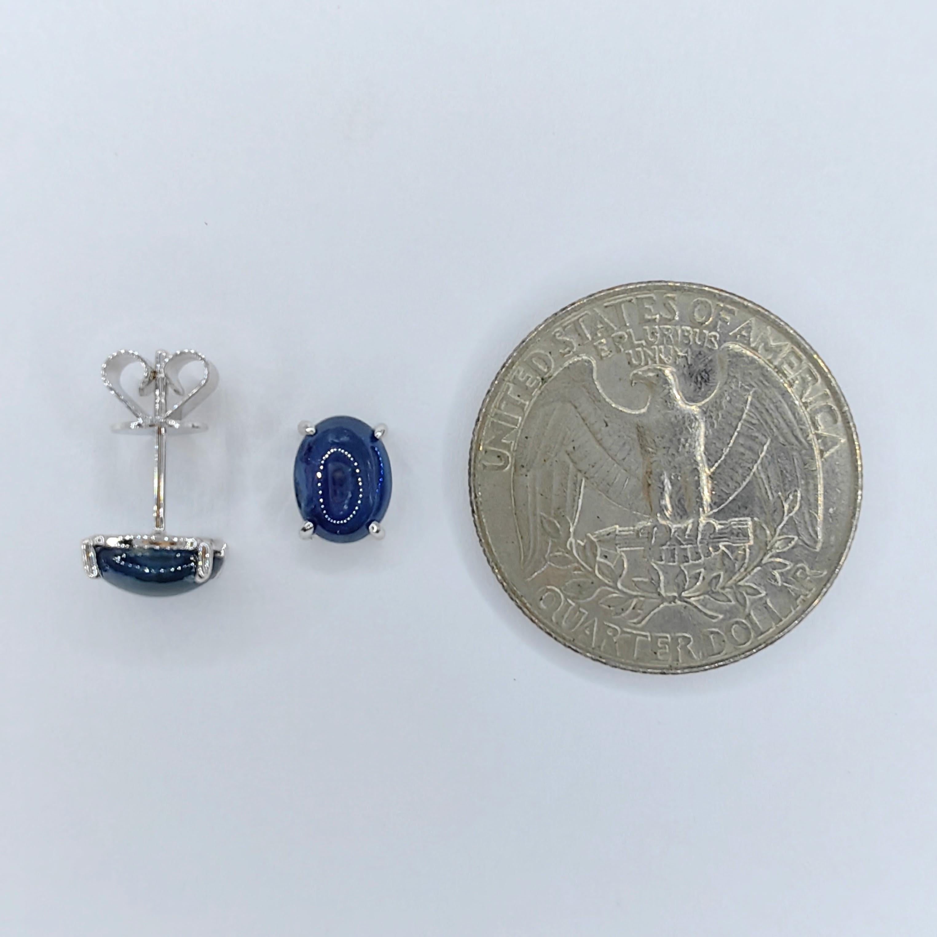 Matched 2.95 Carat 8x6mm Cabochon Blue Sapphire Stud Earrings in 18K White Gold For Sale 3