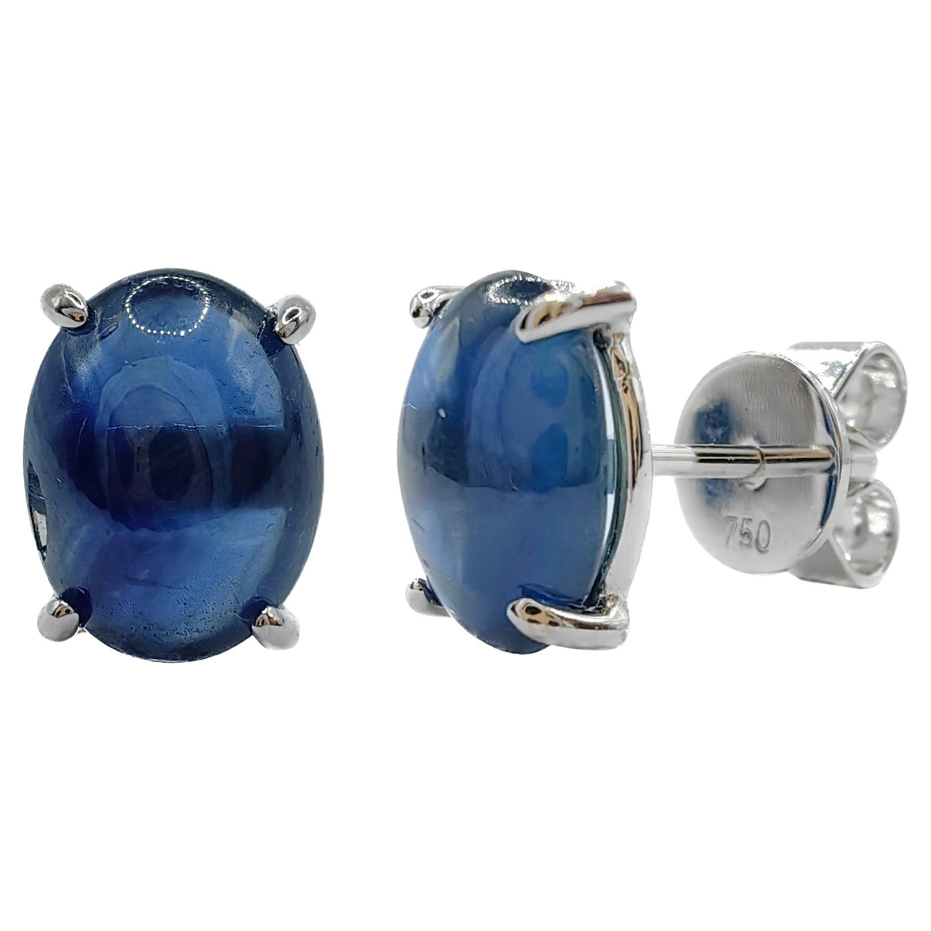 Matched 2.95 Carat 8x6mm Cabochon Blue Sapphire Stud Earrings in 18K White Gold For Sale