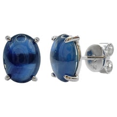 Matched 2.95 Carat 8x6mm Cabochon Blue Sapphire Stud Earrings in 18K White Gold