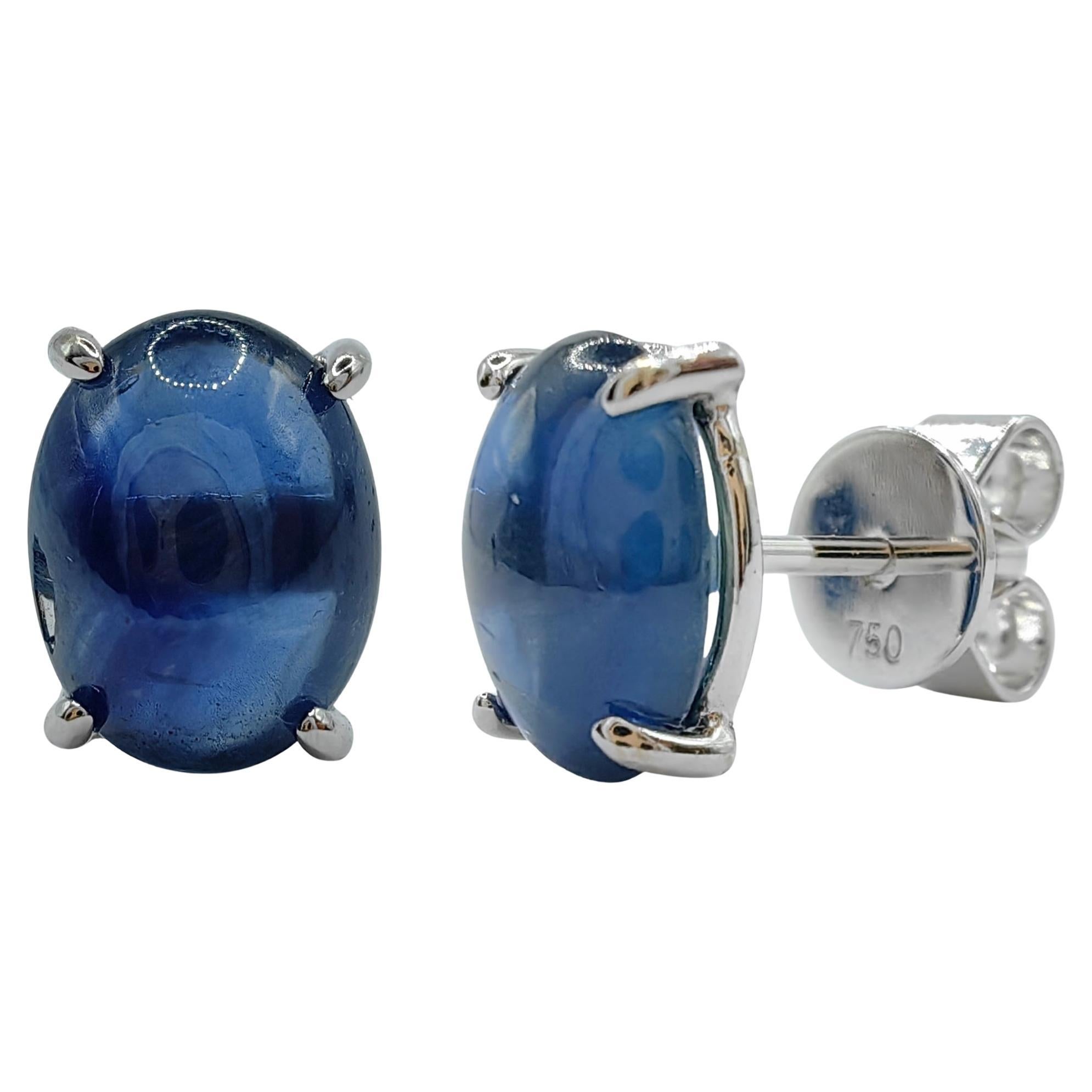 Matched 2.95 Carat 8x6mm Cabochon Blue Sapphire Stud Earrings in 18K White Gold For Sale
