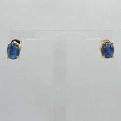 Matched 3.86 Carat 8x6mm Cabochon Blue Sapphire 18K Yellow Gold Stud Earrings