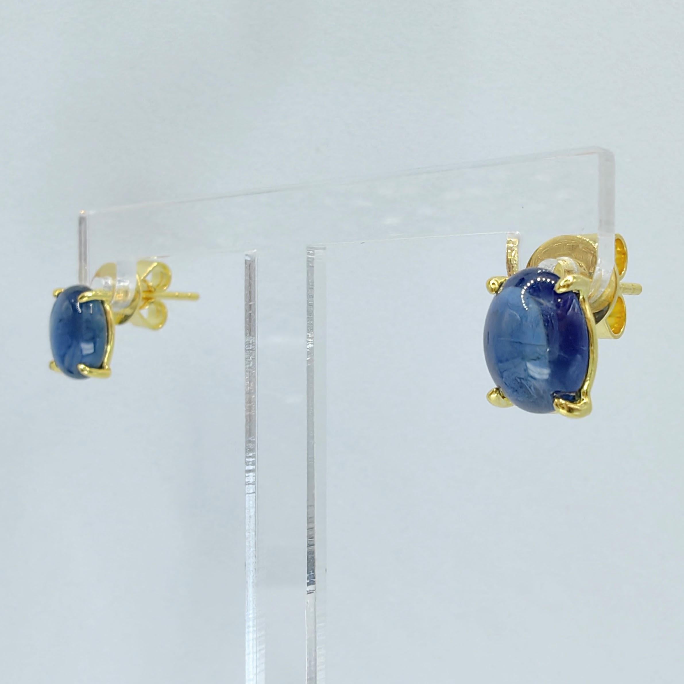 Contemporary Matched 3.86 Carat 8x6mm Cabochon Blue Sapphire 18K Yellow Gold Stud Earrings For Sale