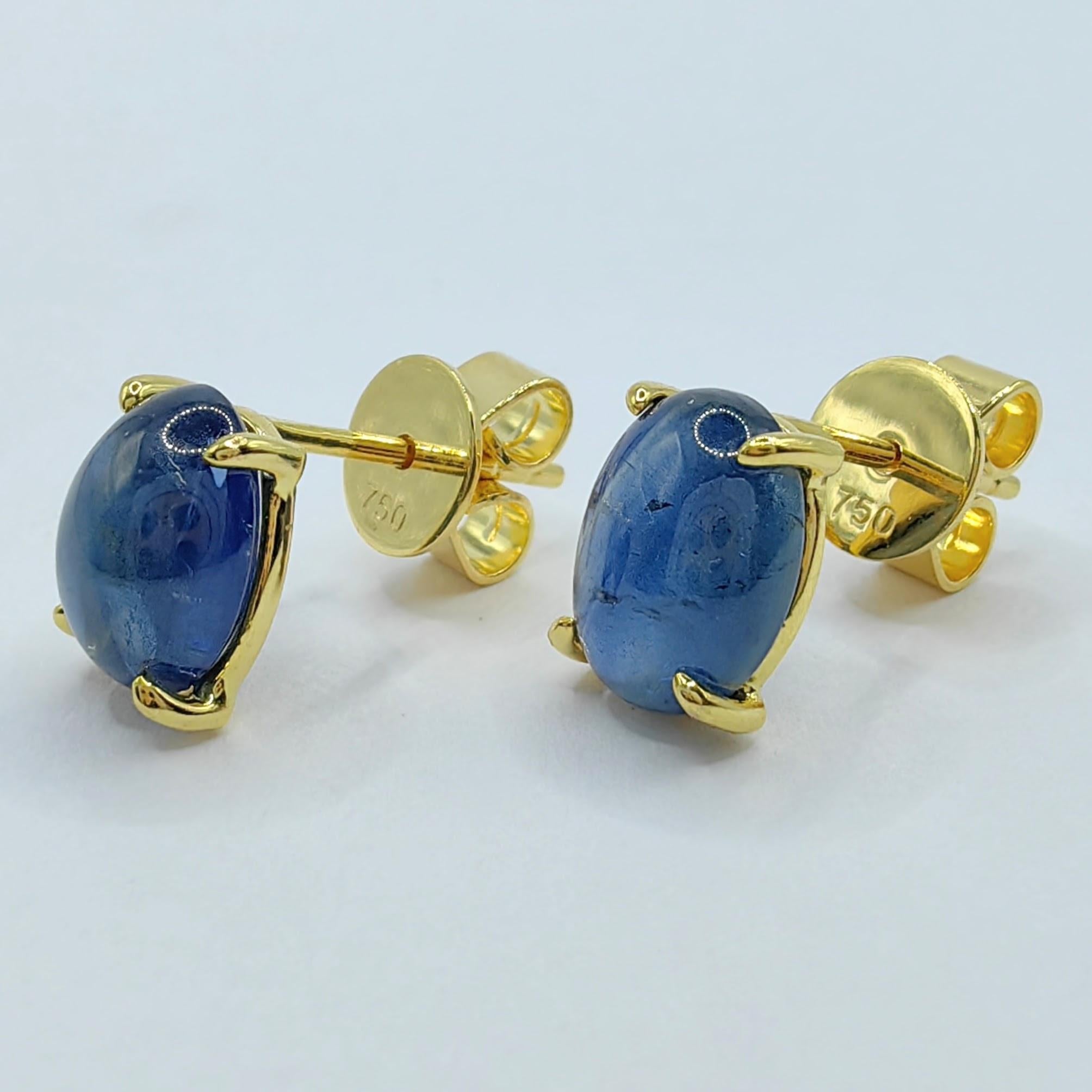 Matched 3.86 Carat 8x6mm Cabochon Blue Sapphire 18K Yellow Gold Stud Earrings For Sale 1