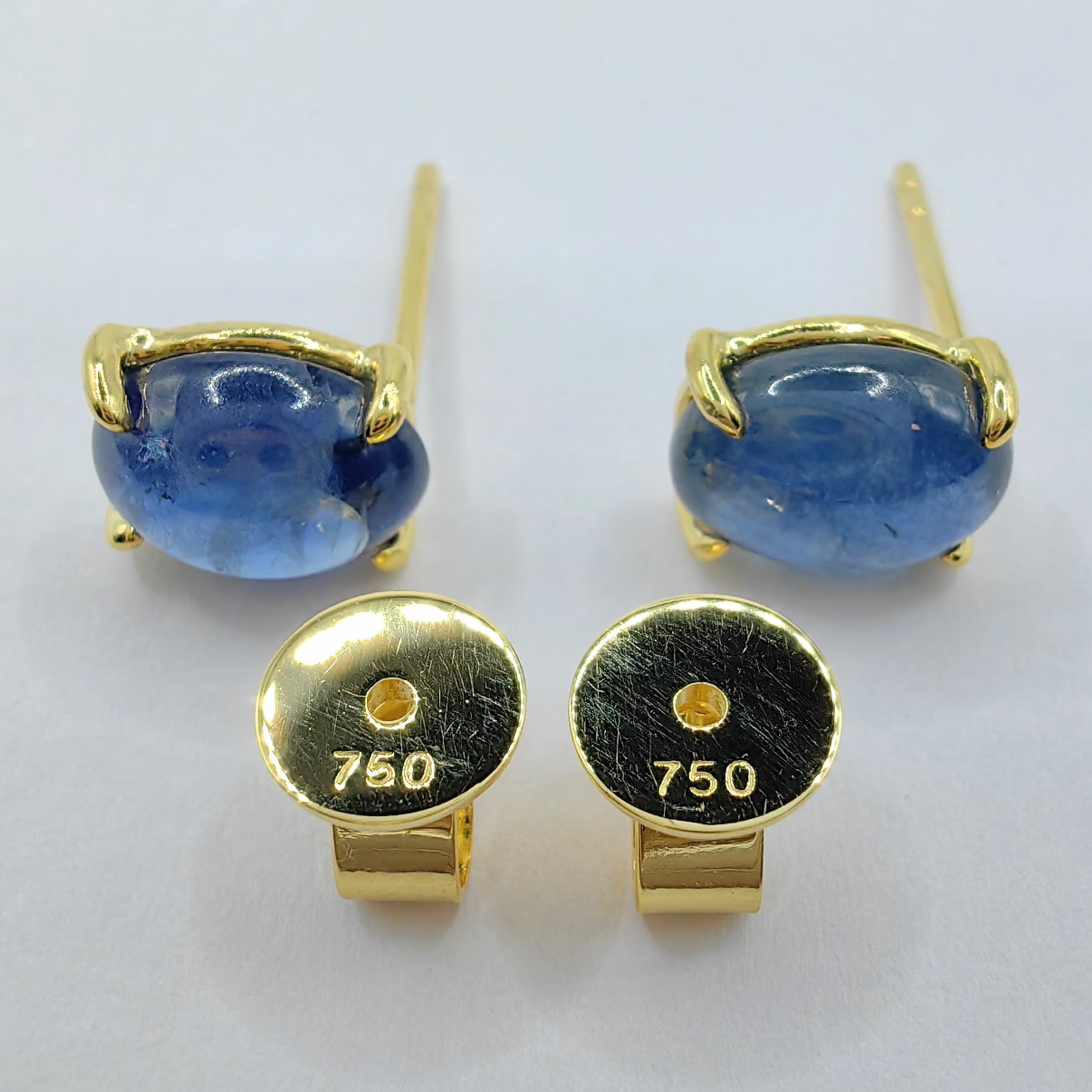 Matched 3.86 Carat 8x6mm Cabochon Blue Sapphire 18K Yellow Gold Stud Earrings For Sale 2