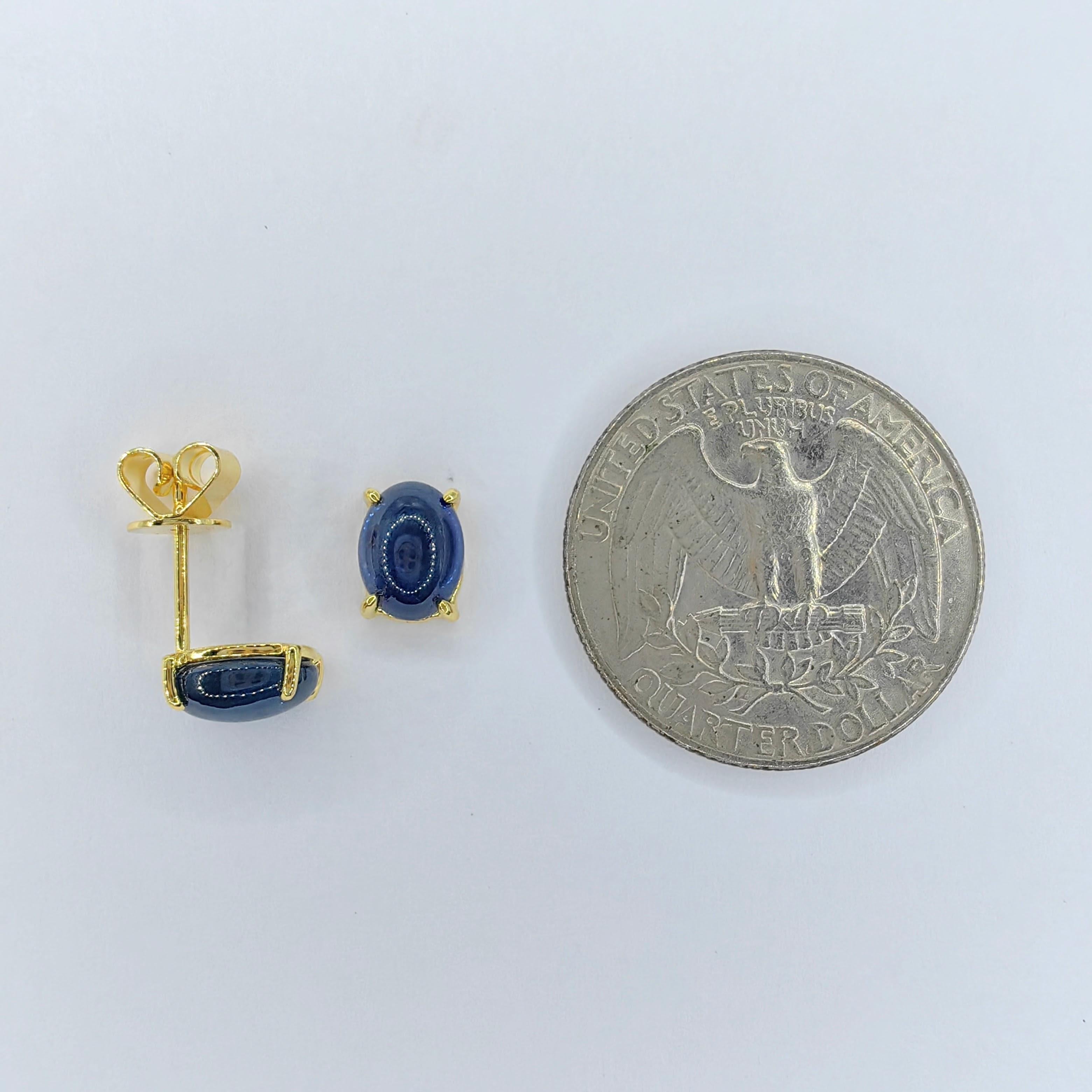 Matched 3.86 Carat 8x6mm Cabochon Blue Sapphire 18K Yellow Gold Stud Earrings For Sale 3