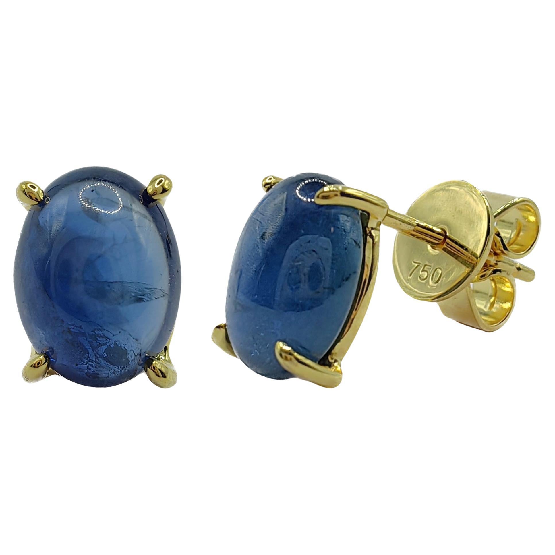 Matched 3.86 Carat 8x6mm Cabochon Blue Sapphire 18K Yellow Gold Stud Earrings