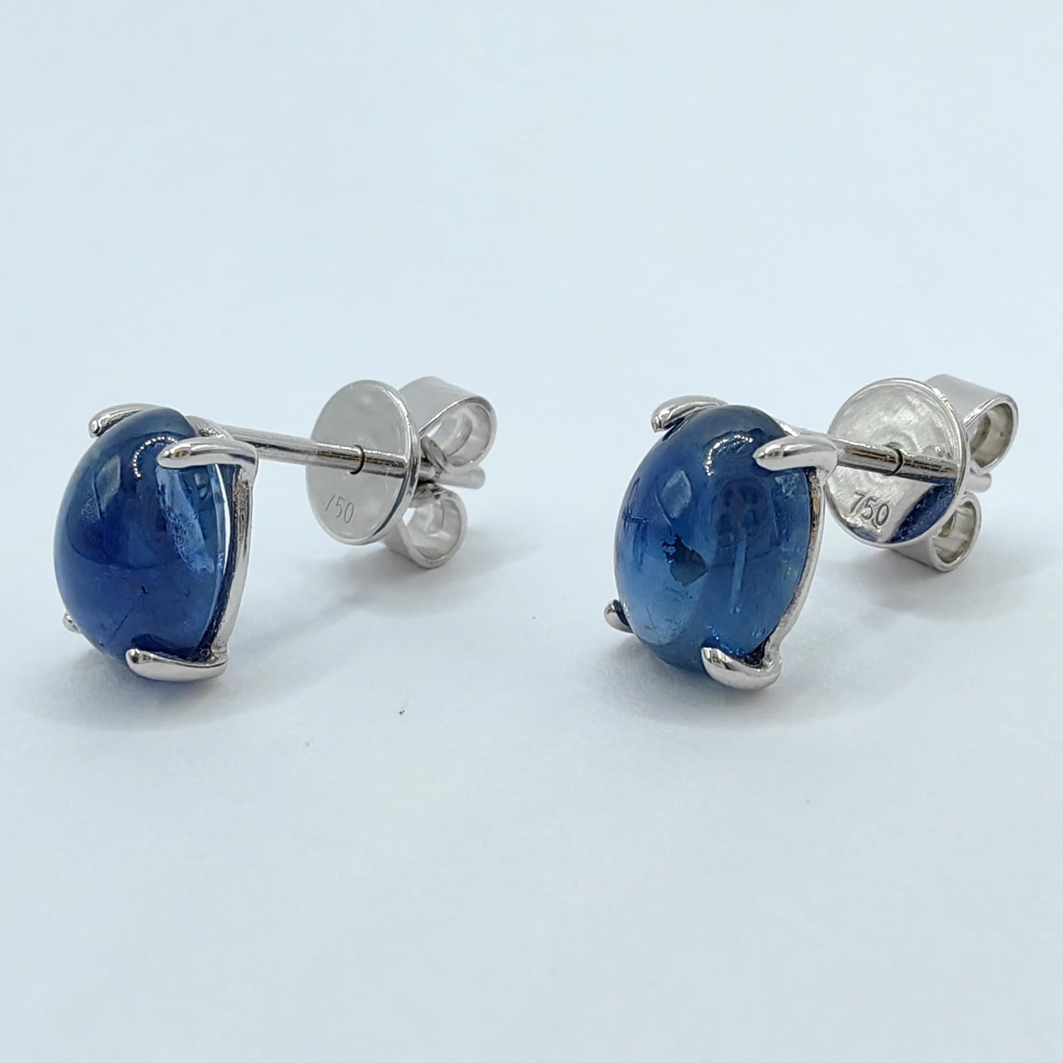 Contemporary Matched 4.24 Carat 8x6mm Cabochon Blue Sapphire Stud Earrings in 18K White Gold