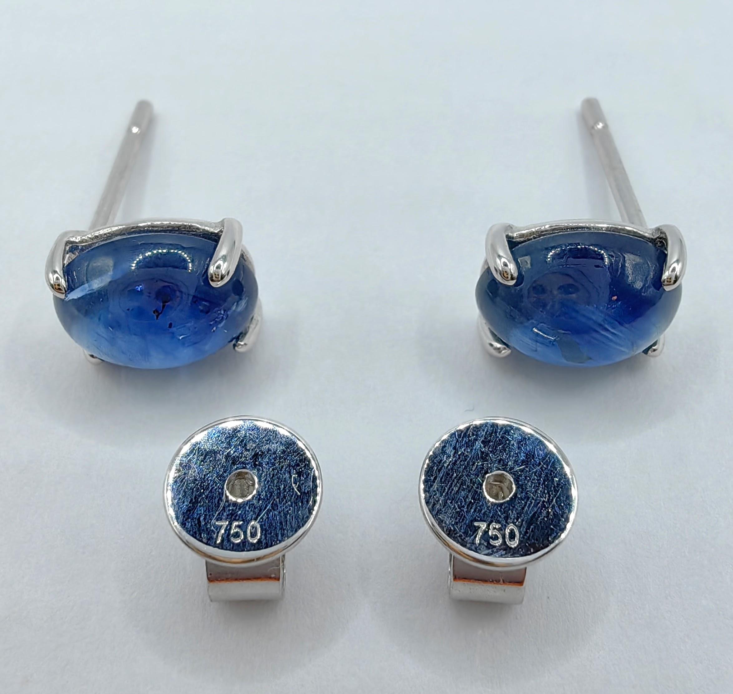 Matched 4.24 Carat 8x6mm Cabochon Blue Sapphire Stud Earrings in 18K White Gold In New Condition In Wan Chai District, HK
