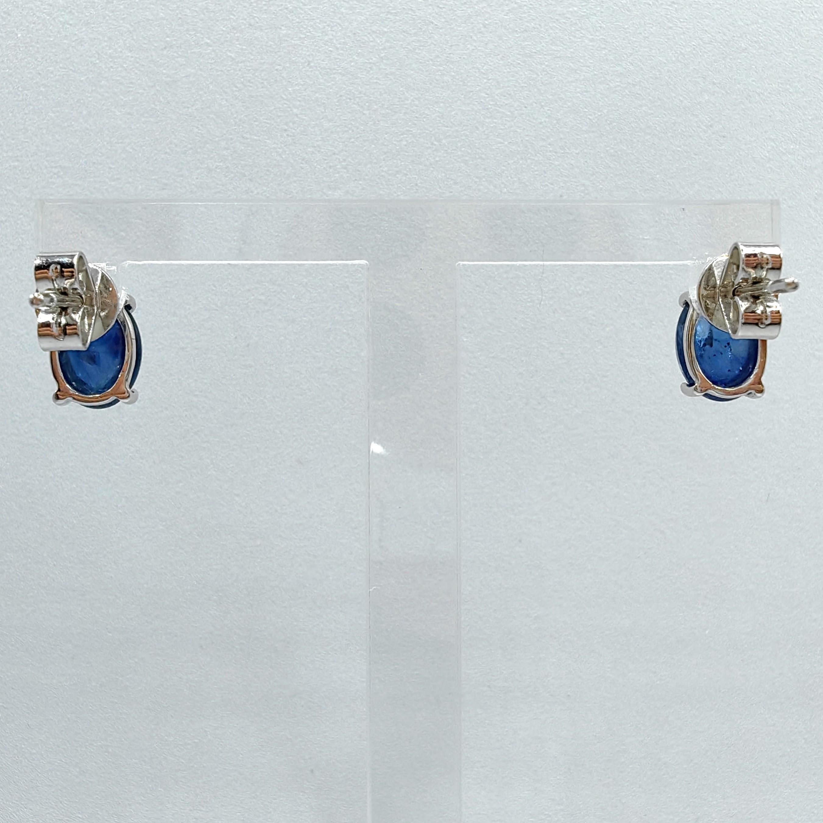 Matched 4.24 Carat 8x6mm Cabochon Blue Sapphire Stud Earrings in 18K White Gold 3