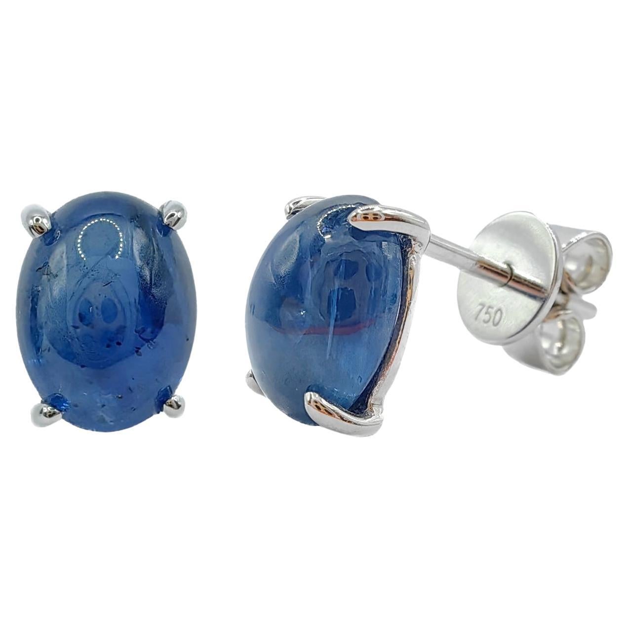 Matched 4.24 Carat 8x6mm Cabochon Blue Sapphire Stud Earrings in 18K White Gold
