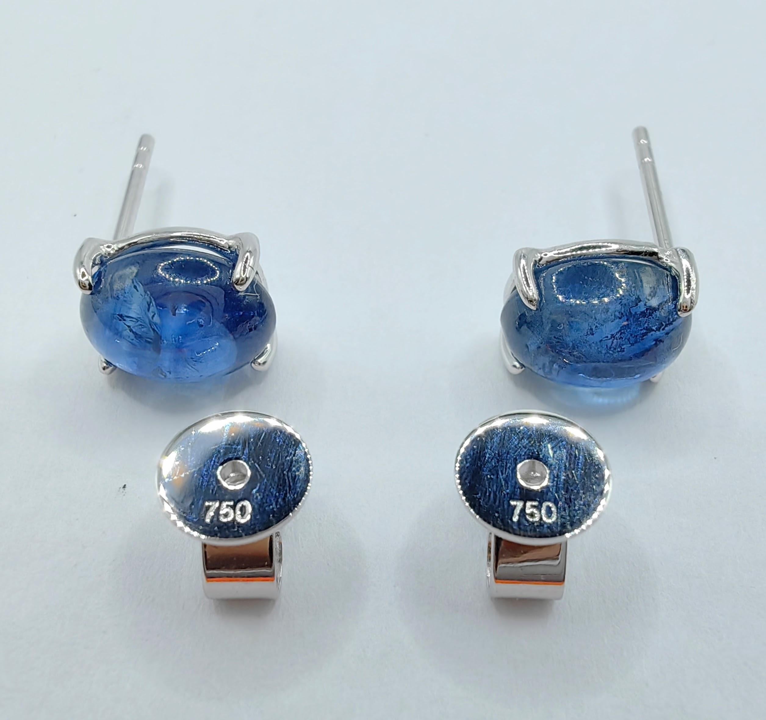 Matched 4.67 Carat 8x6mm Cabochon Blue Sapphire Stud Earrings in 18K White Gold In New Condition For Sale In Wan Chai District, HK