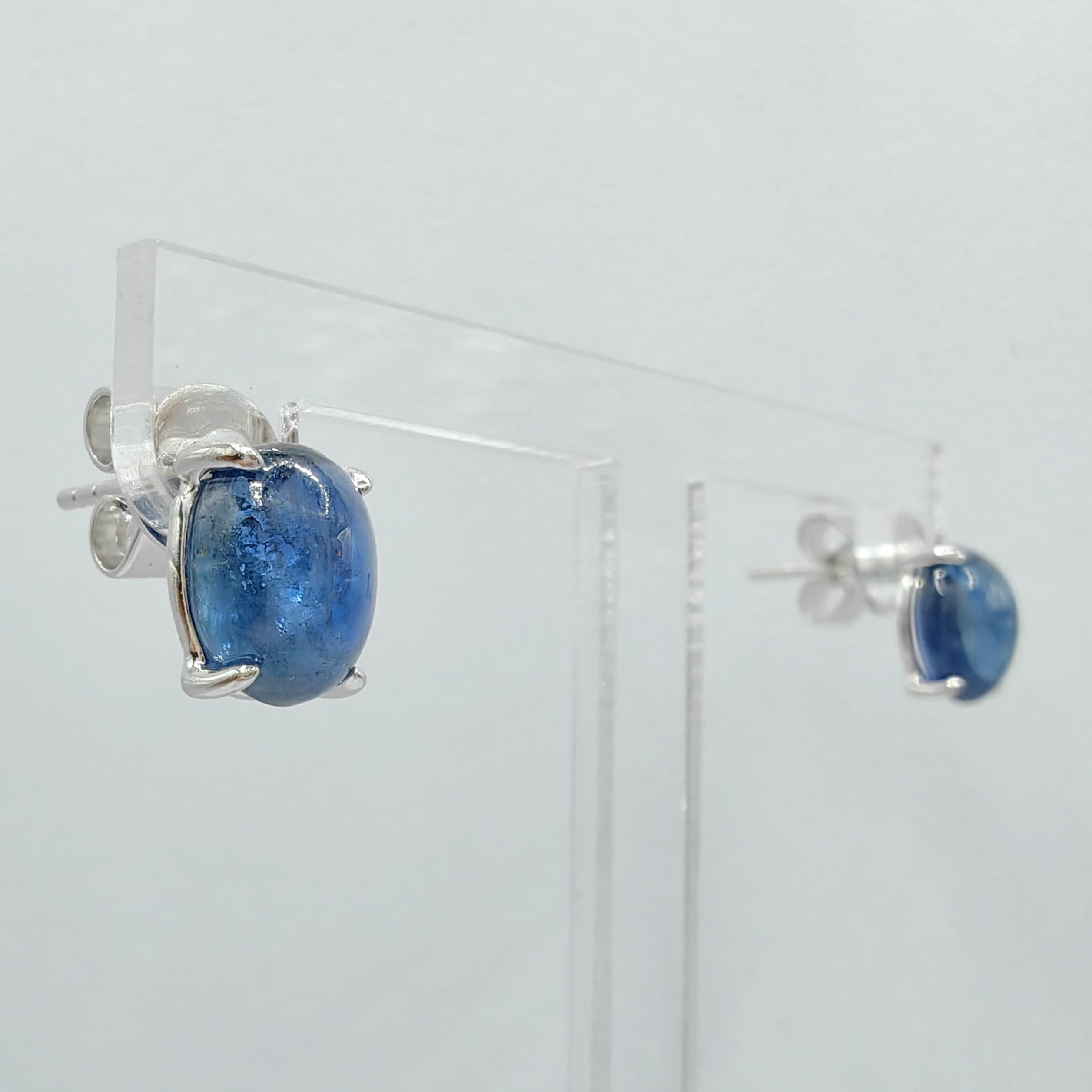 Matched 4.67 Carat 8x6mm Cabochon Blue Sapphire Stud Earrings in 18K White Gold For Sale 2
