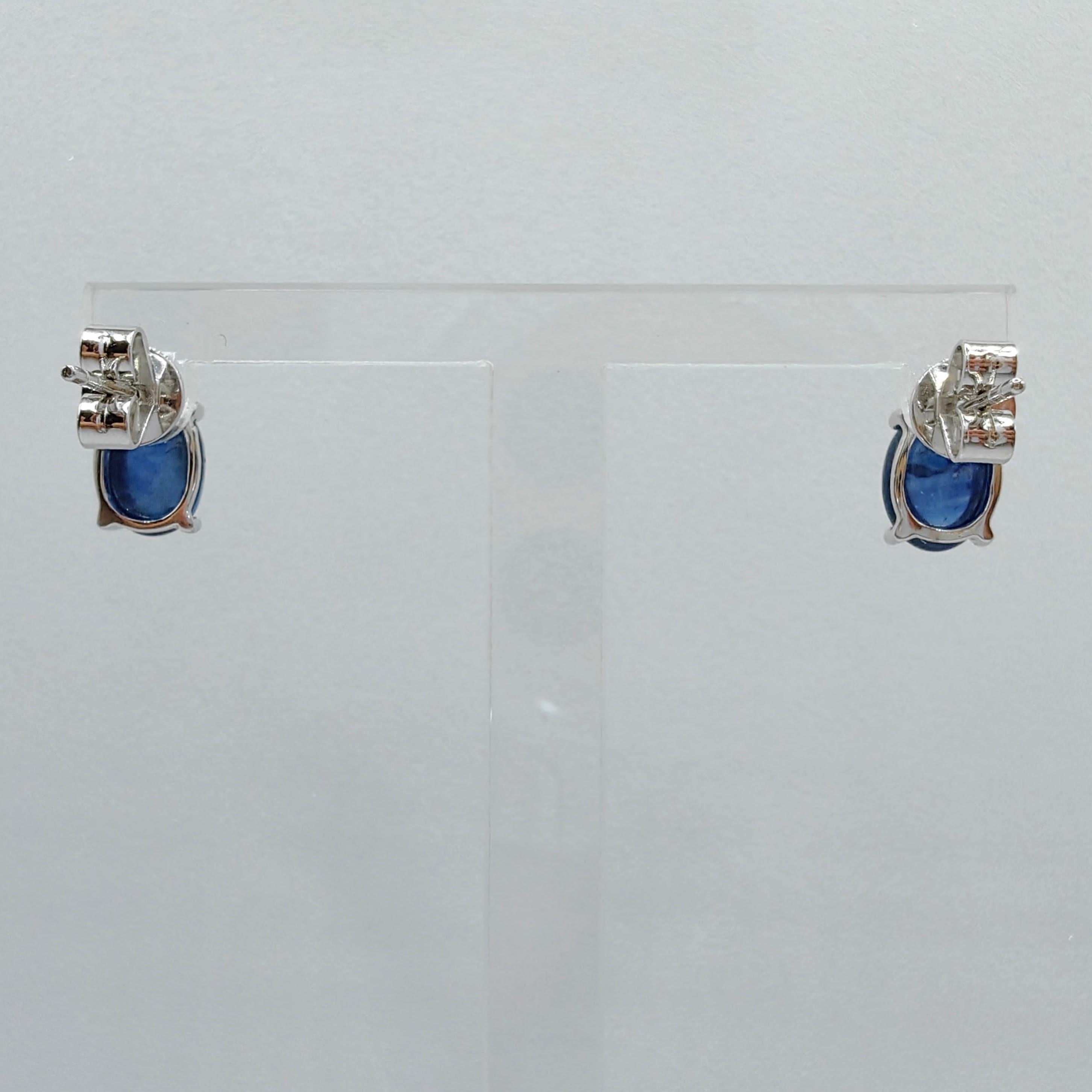 Matched 4.67 Carat 8x6mm Cabochon Blue Sapphire Stud Earrings in 18K White Gold For Sale 3